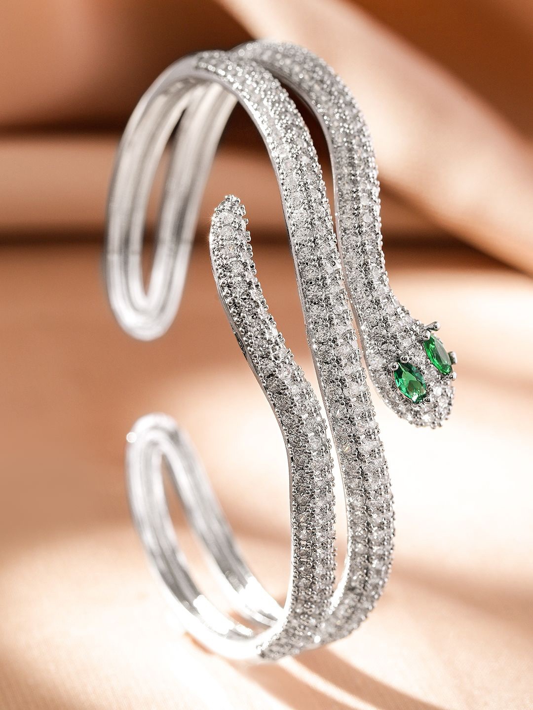 Rubans Rhodium Plated Double Snake Design Emerald & Cubic Zirconia Demi Fine Bracelet, Silver
Rubans Rhodium Plated Double Snake Design Emerald & Cubic Zirconia Demi Fine Bracelet, Silver