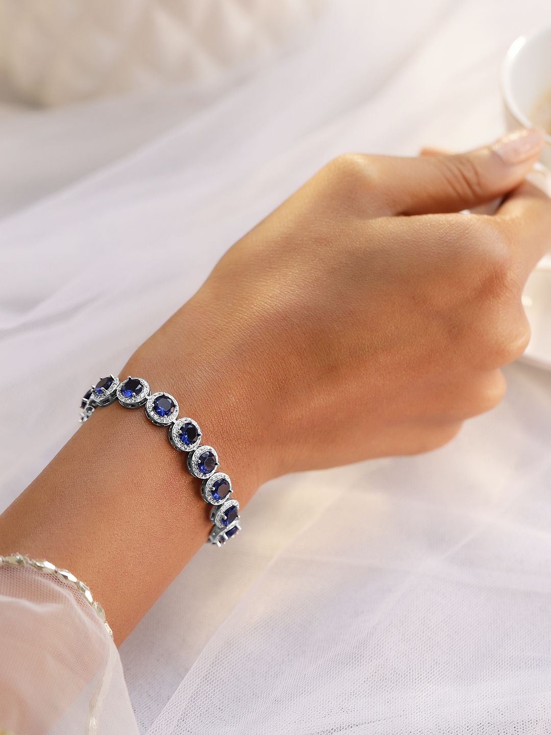 Rubans Rhodium Plated Blue Sapphire & Cubic Zirconia Studded Tennis Bracelet, Silver
Rubans Rhodium Plated Blue Sapphire & Cubic Zirconia Studded Tennis Bracelet, Silver