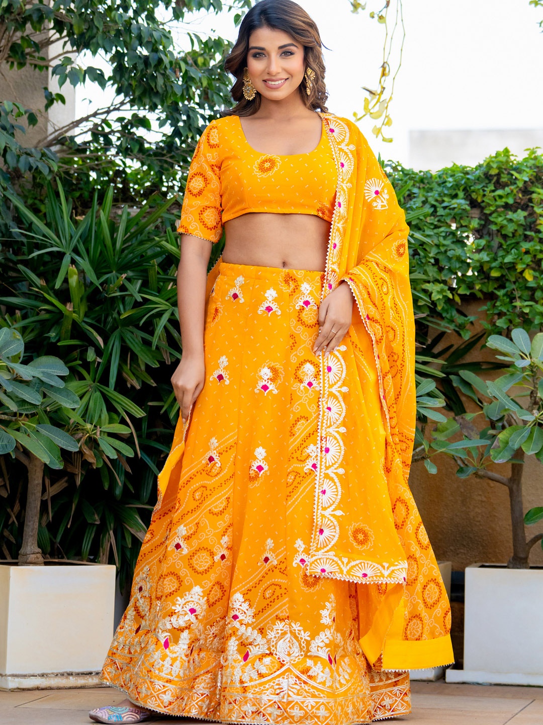 PRETTY PALLU Bandhani Printed Gotta Patti Work Lehenga With Blouse & Dupatta, Yellow
PRETTY PALLU Bandhani Printed Gotta Patti Work Lehenga With Blouse & Dupatta, Yellow