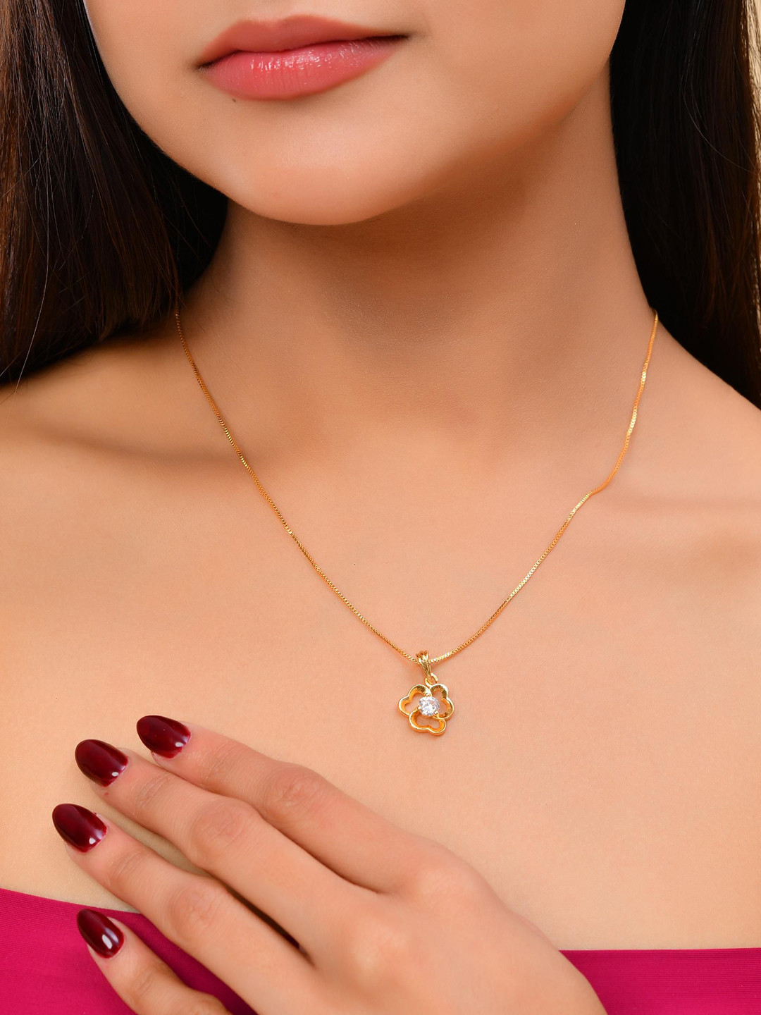 VOJ Gold-Plated Stainless Steel American Diamond Studded Flower Shaped Pendant With Chain
VOJ Gold-Plated Stainless Steel American Diamond Studded Flower Shaped Pendant With Chain