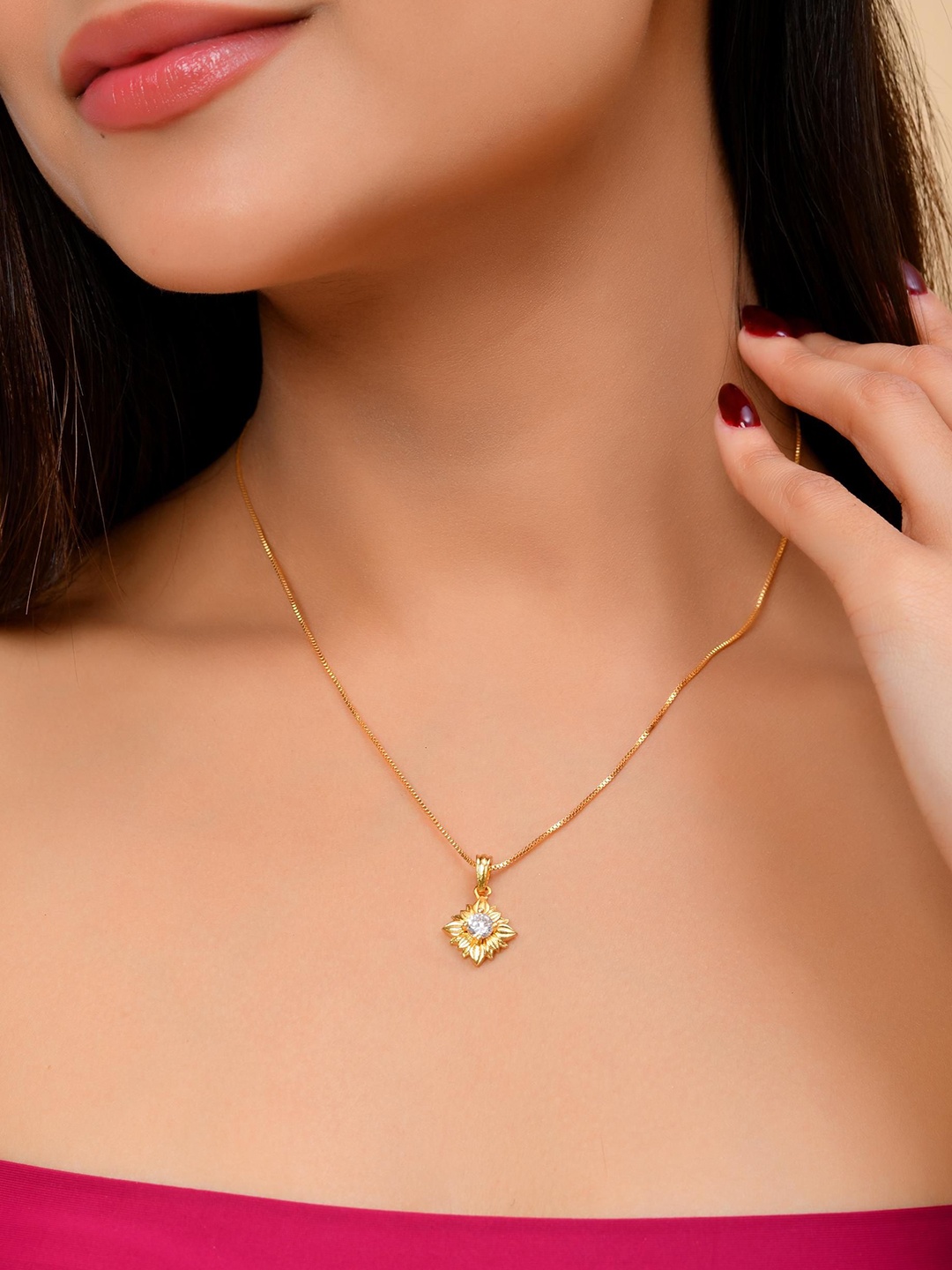 VOJ Gold-Plated Stainless Steel American Diamond Studded Flower Shaped Pendant With Chain
VOJ Gold-Plated Stainless Steel American Diamond Studded Flower Shaped Pendant With Chain