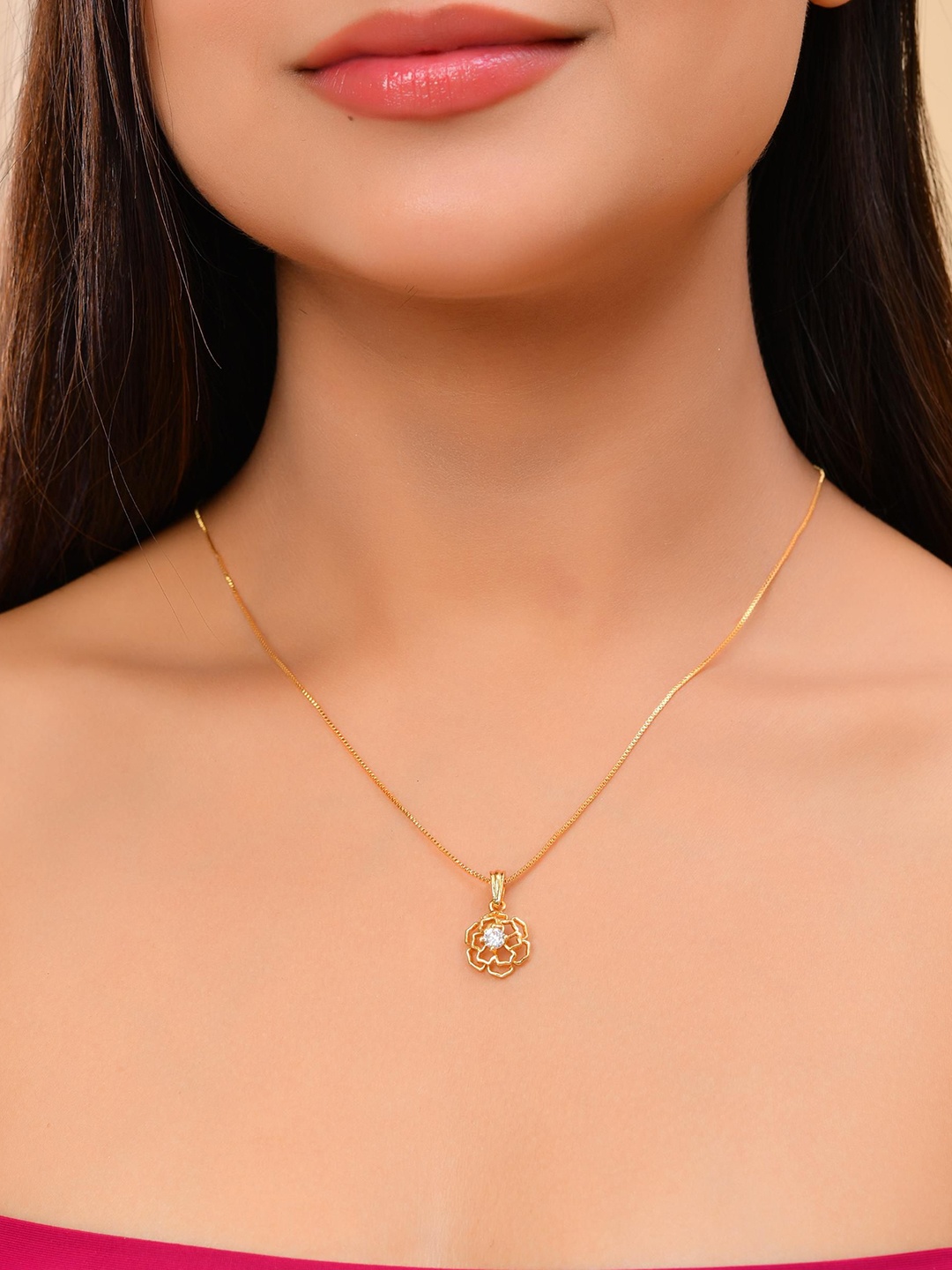 VOJ Gold-Plated Stainless Steel American Diamond Studded Flower Shaped Pendant With Chain
VOJ Gold-Plated Stainless Steel American Diamond Studded Flower Shaped Pendant With Chain