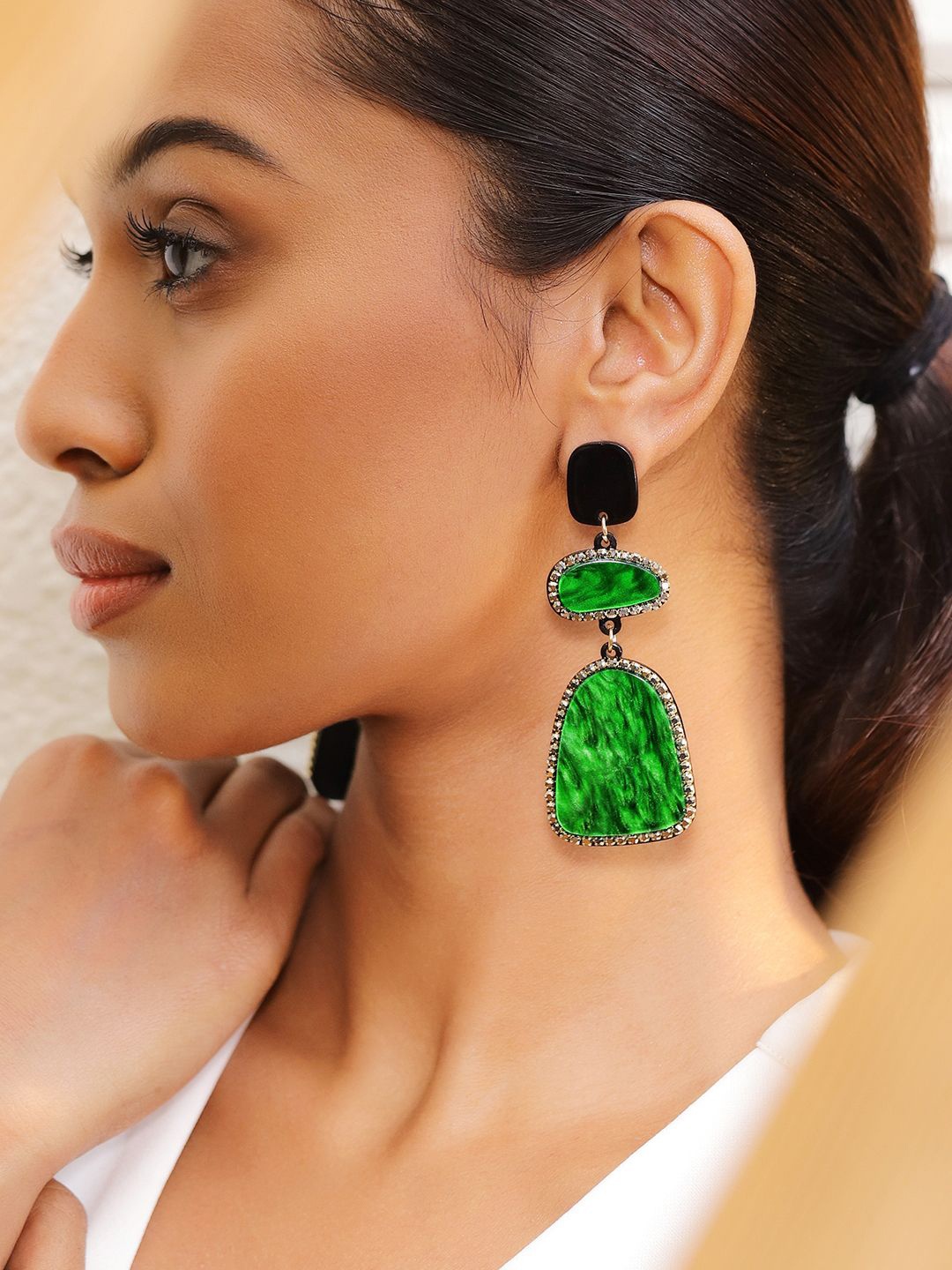 Rubans Emerald Green Crystal Marble Stone & Black Studded Long Statement Dangle Earrings, Silver
Rubans Emerald Green Crystal Marble Stone & Black Studded Long Statement Dangle Earrings, Silver