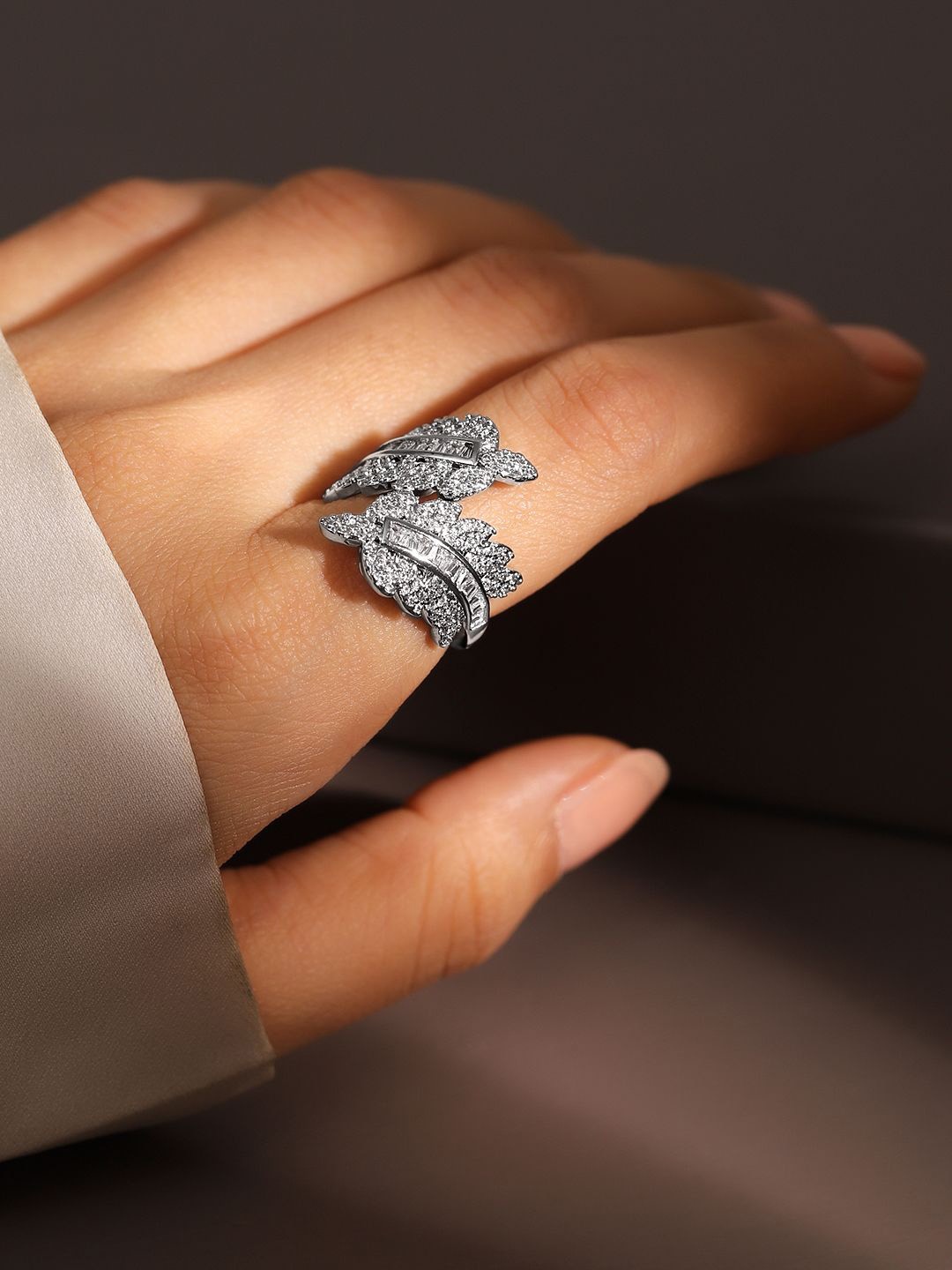 Rubans Rhodium Plated Cubic Zirconia Studded Leaf Design Adjustable Finger Ring, Silver
Rubans Rhodium Plated Cubic Zirconia Studded Leaf Design Adjustable Finger Ring, Silver