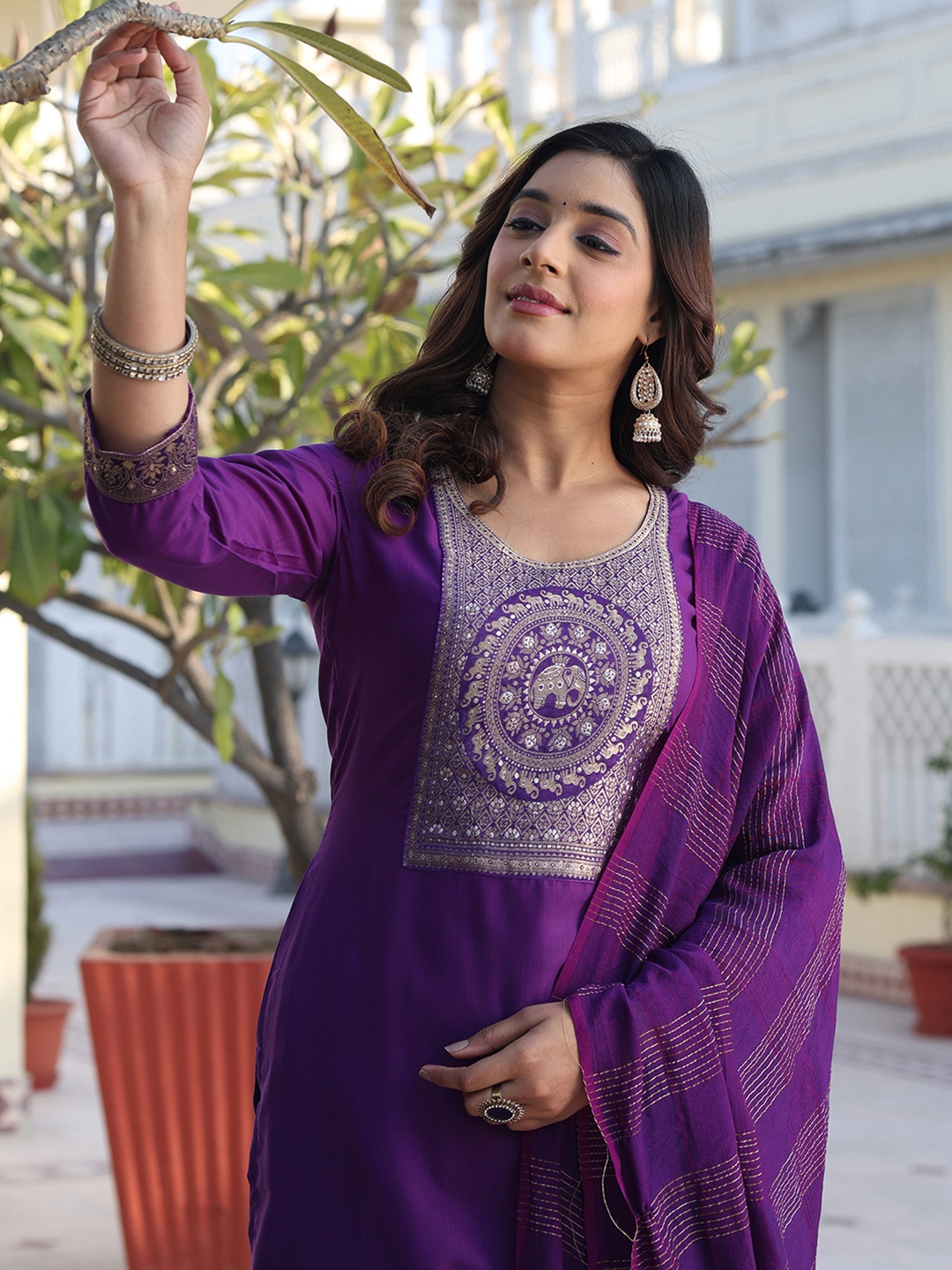 KALINI Ethnic Motifs Yoke Design Round Neck Straight Kurta With Trousers & Dupatta, Violet
KALINI Ethnic Motifs Yoke Design Round Neck Straight Kurta With Trousers & Dupatta, Violet