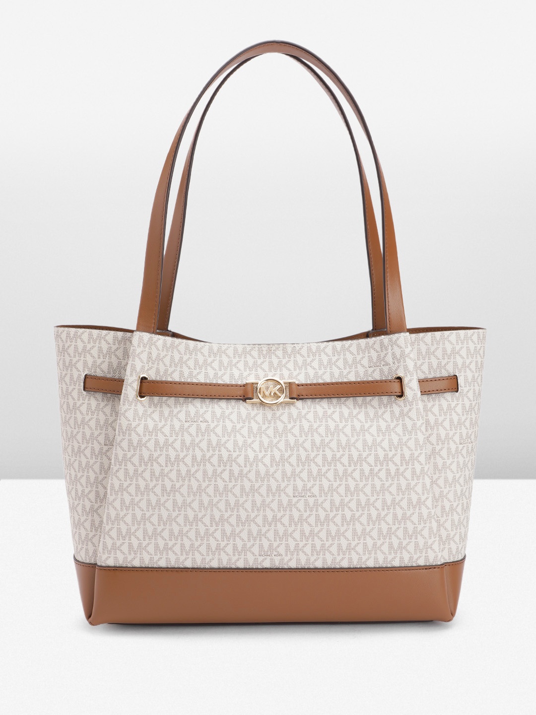 Michael Kors Brand Logo Printed Leather Structured Tote Bag with Belt Detail, Beige
Michael Kors Brand Logo Printed Leather Structured Tote Bag with Belt Detail, Beige
