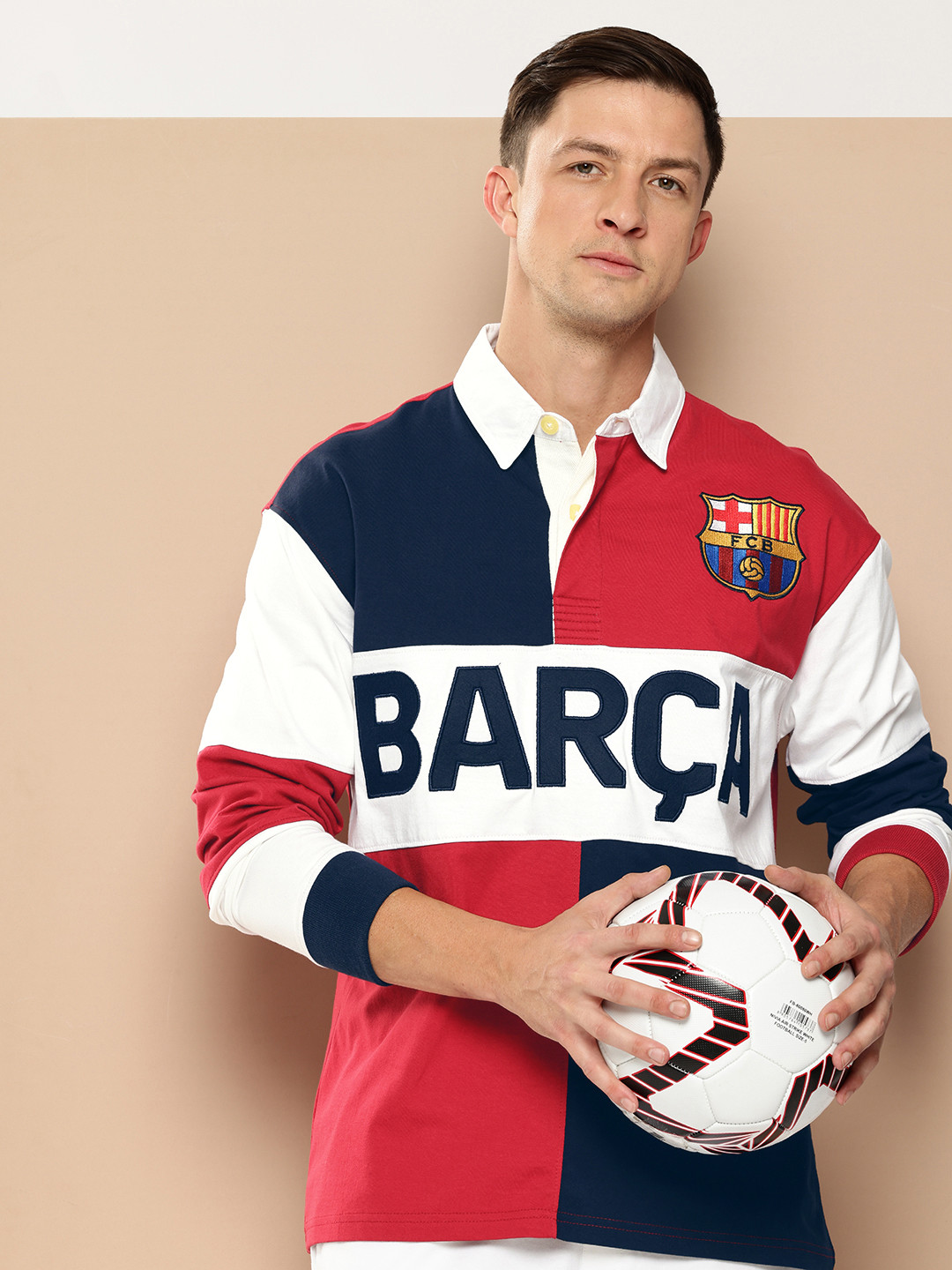 FC Barcelona Colourblocked Embroidered Polo Collar Pure Cotton Oversized T-shirt, Navy blue
FC Barcelona Colourblocked Embroidered Polo Collar Pure Cotton Oversized T-shirt, Navy blue