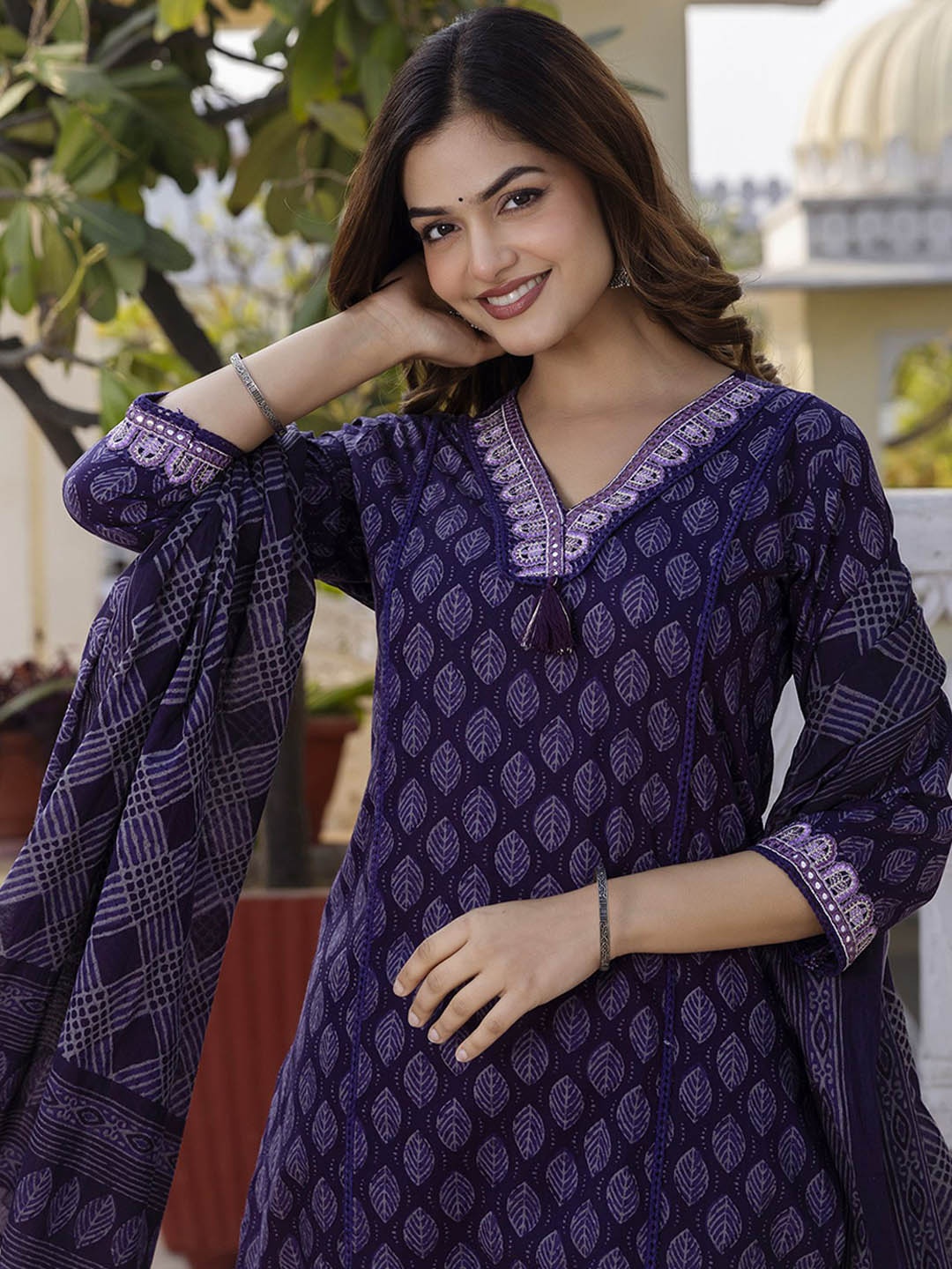EthniFlair Floral Printed V-Neck Pure Cotton Straight Kurta With Trousers And Dupatta, Purple
EthniFlair Floral Printed V-Neck Pure Cotton Straight Kurta With Trousers And Dupatta, Purple