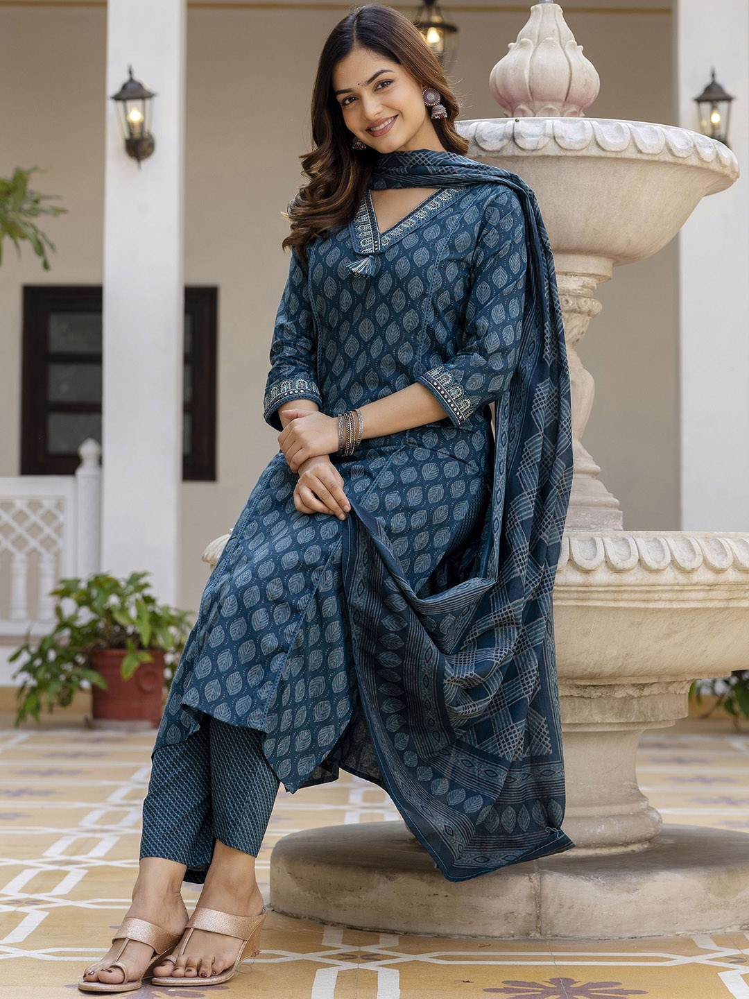 EthniFlair Floral Printed V-Neck Pure Cotton Straight Kurta With Trousers And Dupatta, Teal
EthniFlair Floral Printed V-Neck Pure Cotton Straight Kurta With Trousers And Dupatta, Teal