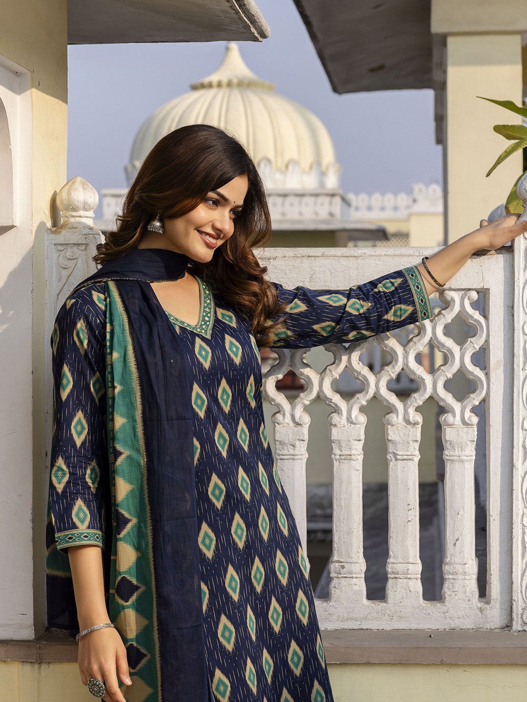 EthniFlair Geometric Printed V-Neck Pure Cotton Straight Kurta With Trousers And Dupatta, Green
EthniFlair Geometric Printed V-Neck Pure Cotton Straight Kurta With Trousers And Dupatta, Green