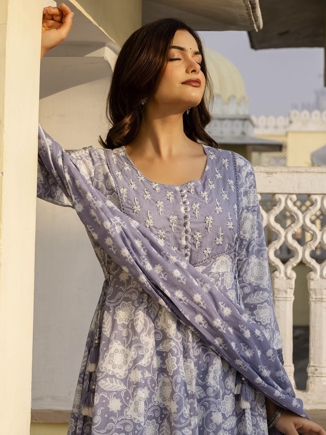 EthniFlair Floral Printed Round Neck Pure Cotton Anarkali Kurta With Trousers And Dupatta, Purple
EthniFlair Floral Printed Round Neck Pure Cotton Anarkali Kurta With Trousers And Dupatta, Purple