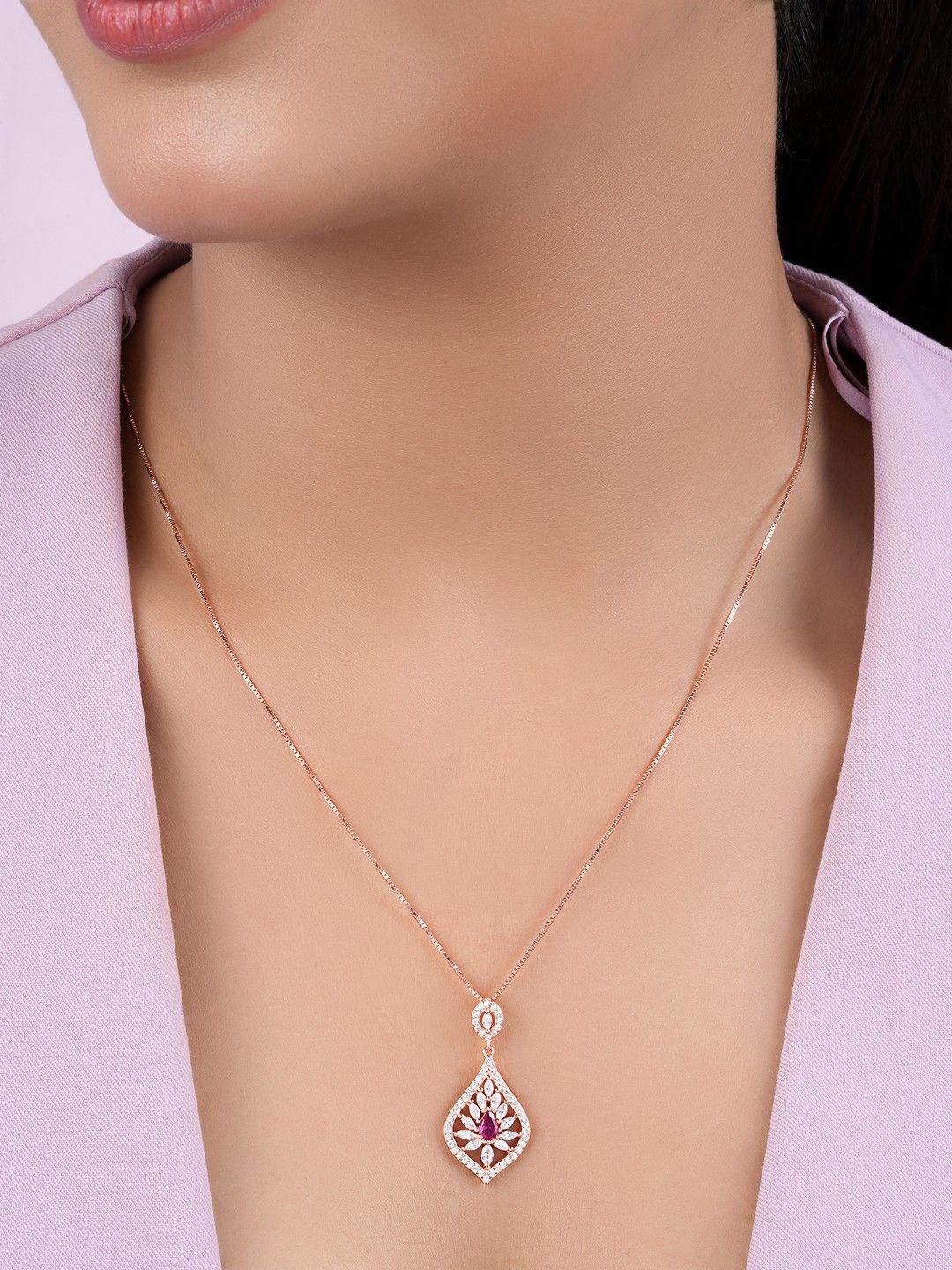 Zavya 925 Sterling Silver Rose Gold-Plated Cubic Zirconia Studded Oval Pendant With Chain
Zavya 925 Sterling Silver Rose Gold-Plated Cubic Zirconia Studded Oval Pendant With Chain