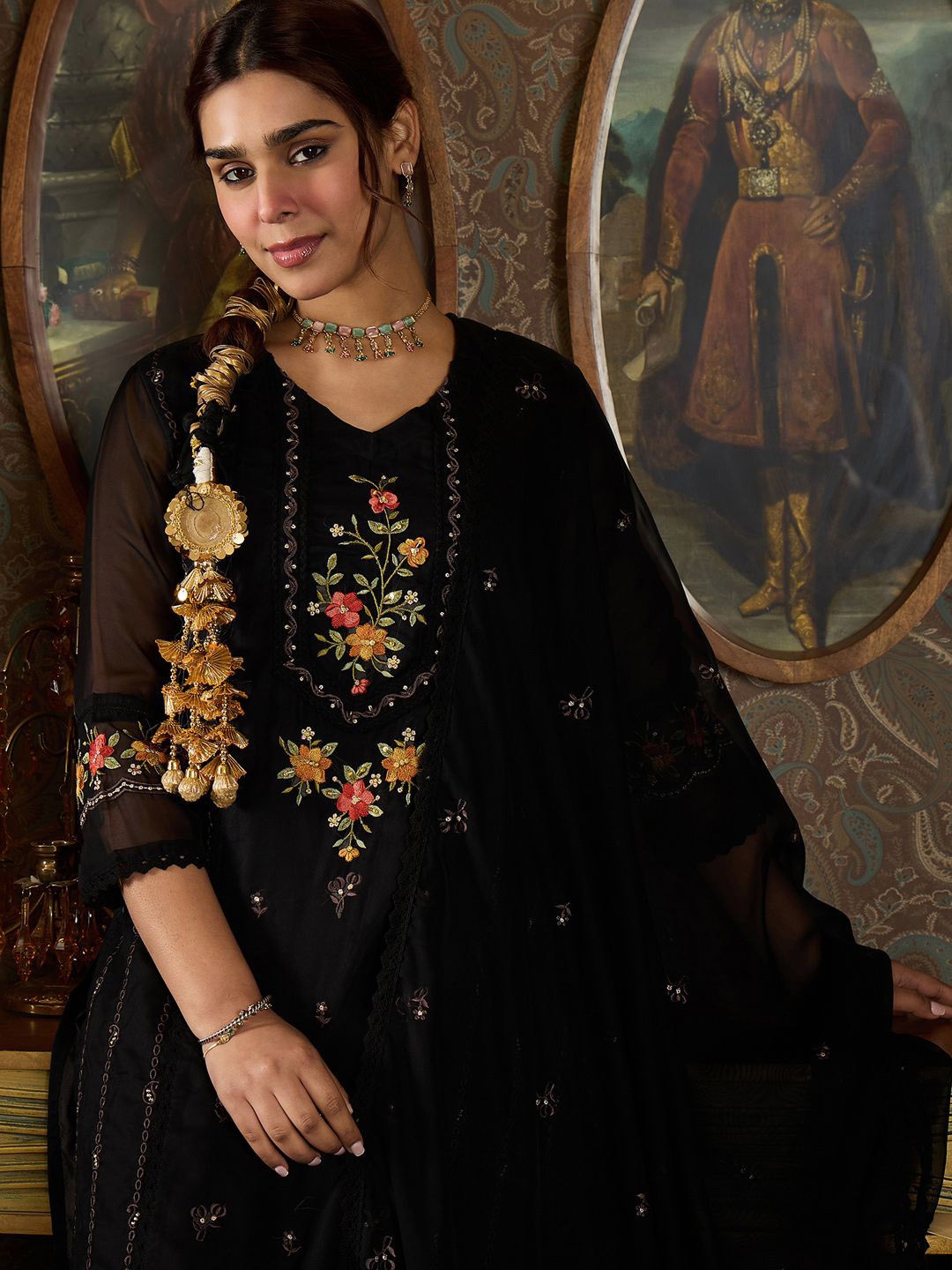 Indo Era Floral Embroidered Sequinned Panelled Organza Kurta With Trousers & Dupatta, Black
Indo Era Floral Embroidered Sequinned Panelled Organza Kurta With Trousers & Dupatta, Black