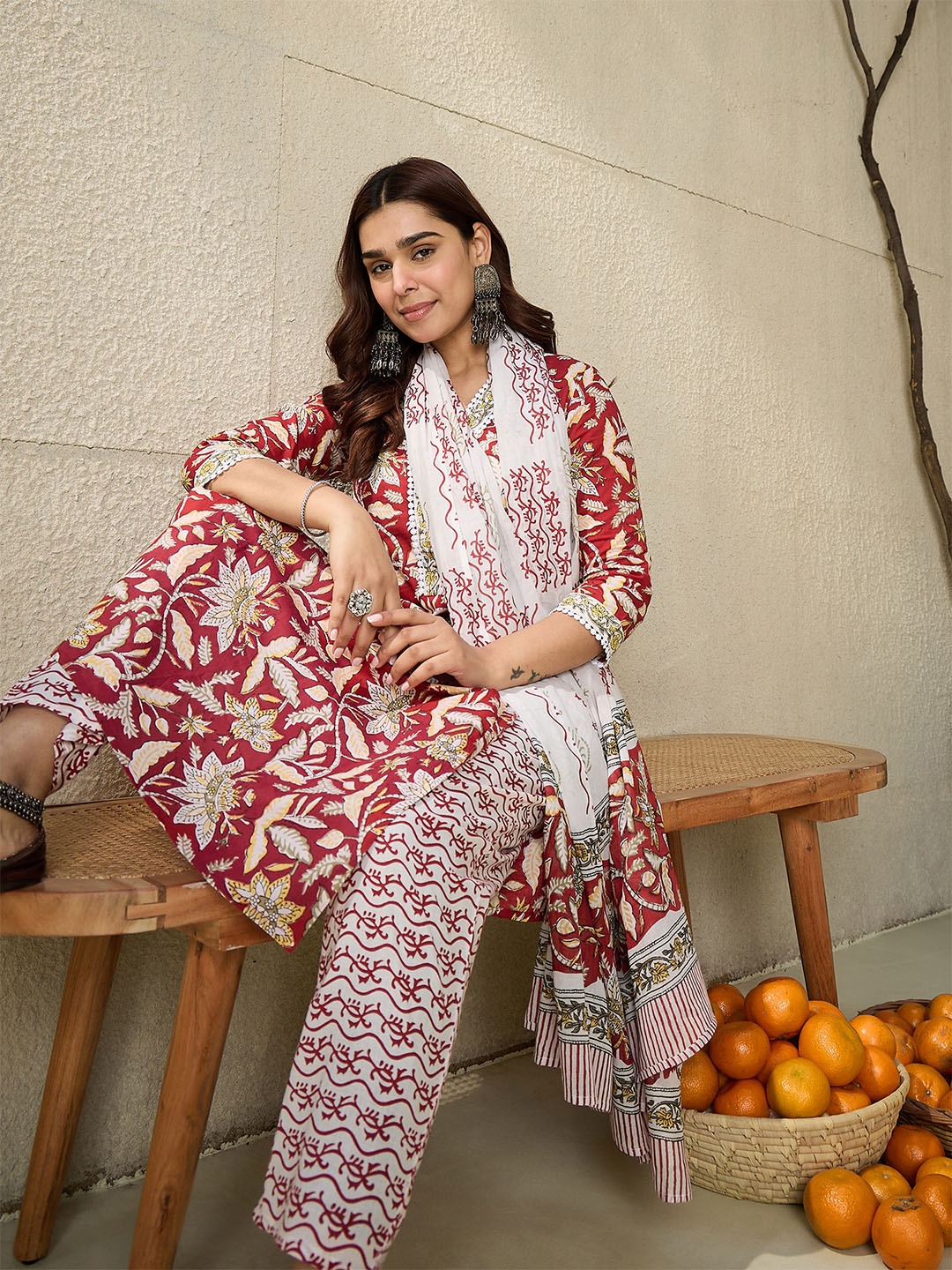 Indo Era Floral Printed V-Neck Pure Cotton Straight Kurta With Trousers And Dupatta, Red
Indo Era Floral Printed V-Neck Pure Cotton Straight Kurta With Trousers And Dupatta, Red