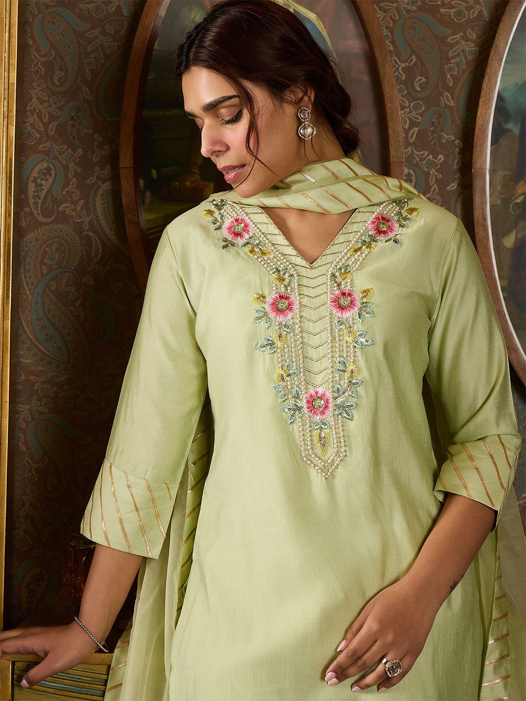 Indo Era Floral Embroidered Stones & Beads Work Kurta With Trousers & Dupatta, Sea green
Indo Era Floral Embroidered Stones & Beads Work Kurta With Trousers & Dupatta, Sea green