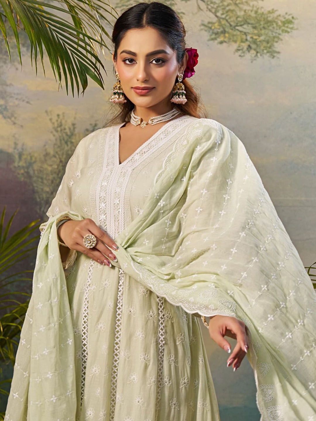 Indo Era Floral Embroidered Pure Cotton Anarkali Kurta With Trousers & Dupatta, Green
Indo Era Floral Embroidered Pure Cotton Anarkali Kurta With Trousers & Dupatta, Green