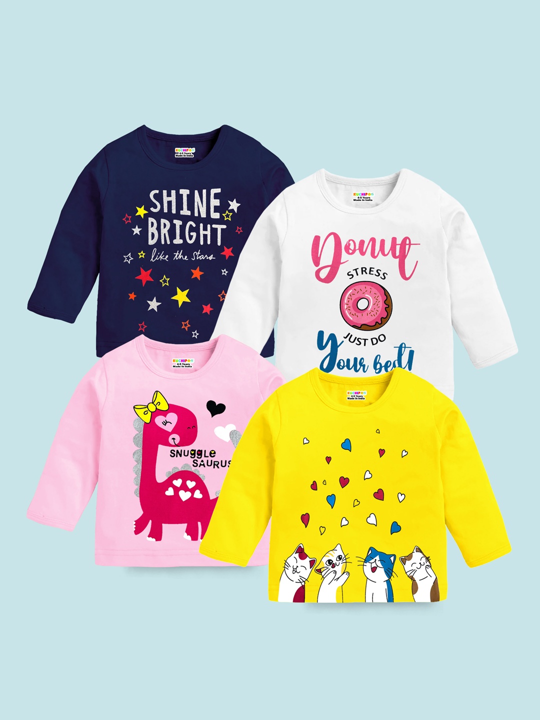 KUCHIPOO Girls Pack of 4 Graphic Printed Round Neck Cotton Regular Fit T-shirts, Pink
KUCHIPOO Girls Pack of 4 Graphic Printed Round Neck Cotton Regular Fit T-shirts, Pink