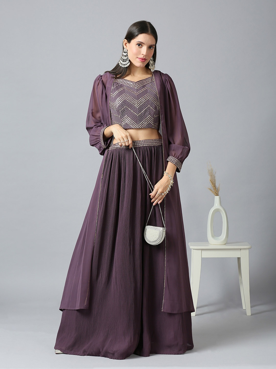 MADHURAM Embroidered Sweetheart Neck Khari Printed Crop Top & Lehnga With Long Shrug, Purple
MADHURAM Embroidered Sweetheart Neck Khari Printed Crop Top & Lehnga With Long Shrug, Purple
