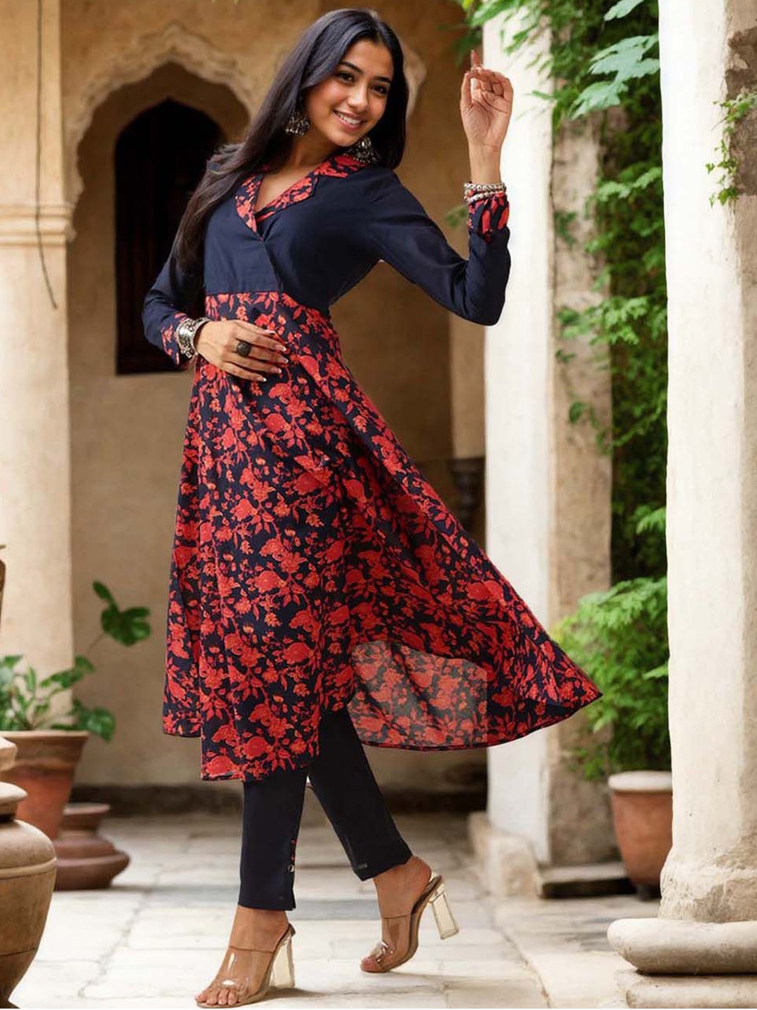 Anouk Floral Printed Shawl Collar Pure Cotton Anarkali Kurta With Trouser, Navy blue
Anouk Floral Printed Shawl Collar Pure Cotton Anarkali Kurta With Trouser, Navy blue