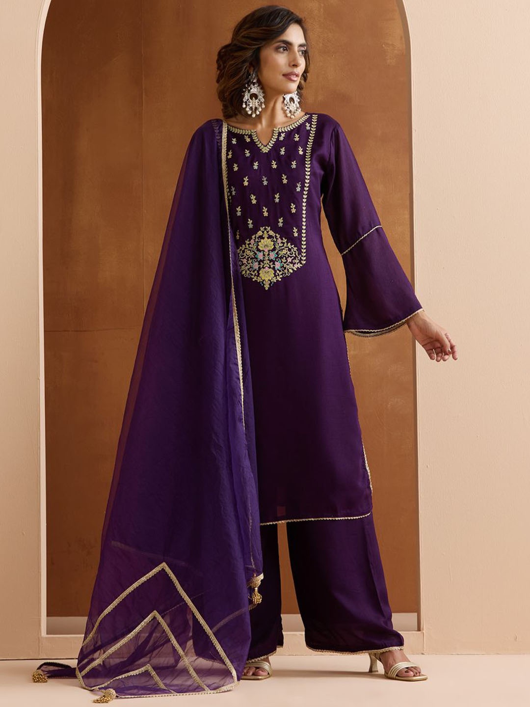 Ishin Floral Embroidered Yoke Design Notch Neck Kurta With Palazzos And Dupatta, Purple
Ishin Floral Embroidered Yoke Design Notch Neck Kurta With Palazzos And Dupatta, Purple