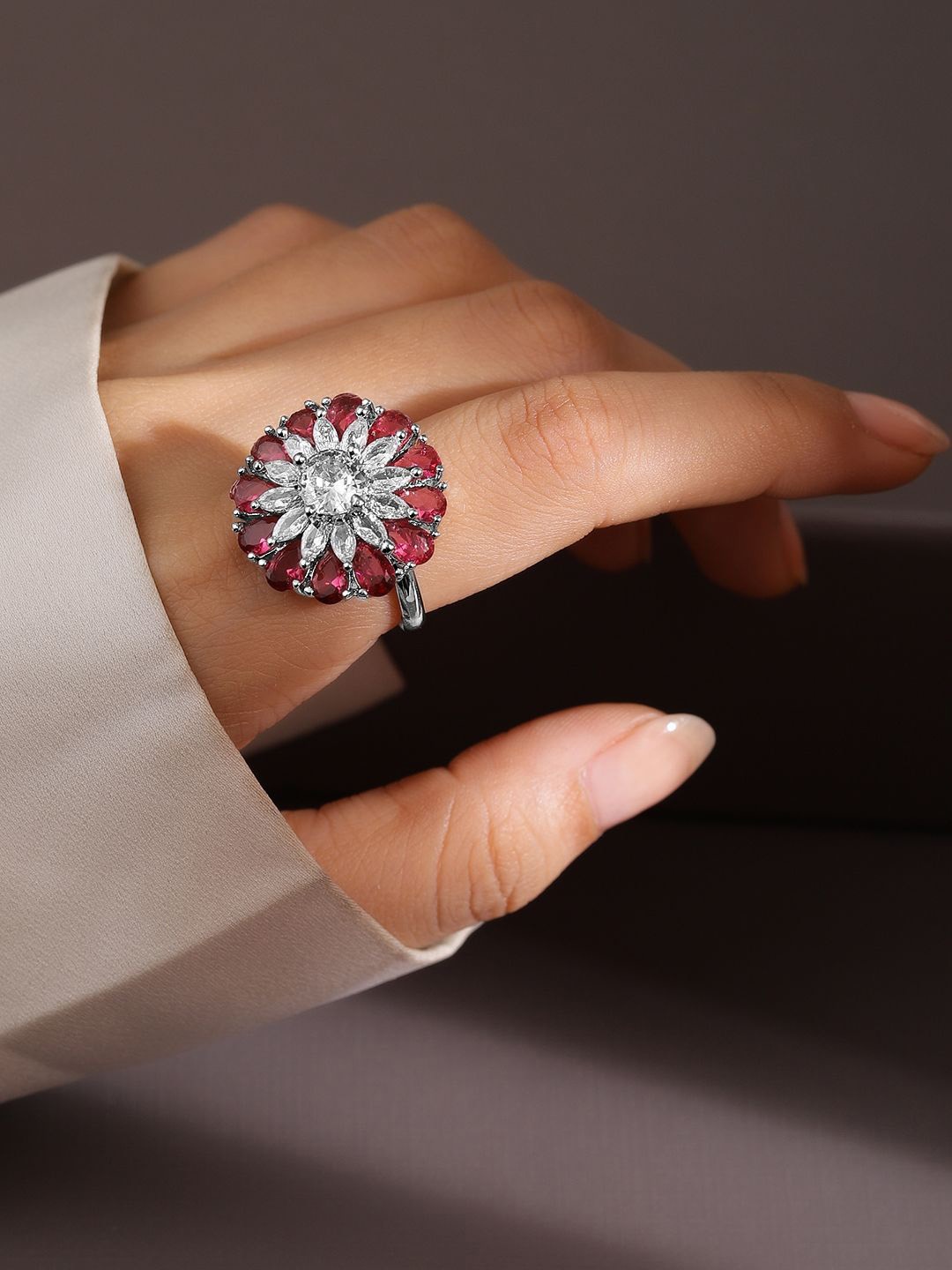 Rubans Rhodium Plated Ruby Pink & White Cubic Zirconia Studded Floral Adjustable Ring, Silver
Rubans Rhodium Plated Ruby Pink & White Cubic Zirconia Studded Floral Adjustable Ring, Silver