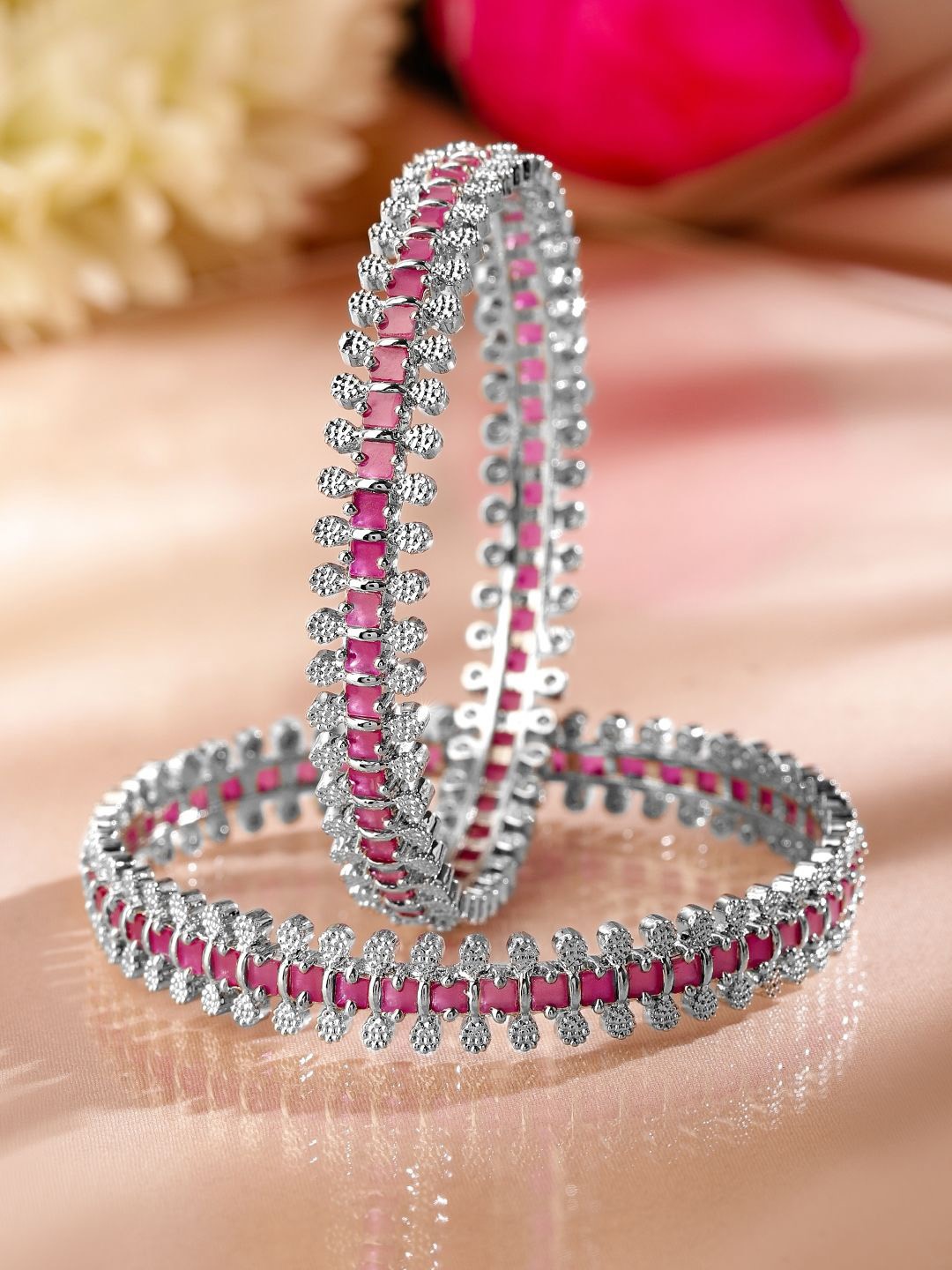Rubans Set of 2 Rhodium Plated Ruby Pink & White Cubic Zirconia Studded Luxe Bangles, Silver
Rubans Set of 2 Rhodium Plated Ruby Pink & White Cubic Zirconia Studded Luxe Bangles, Silver