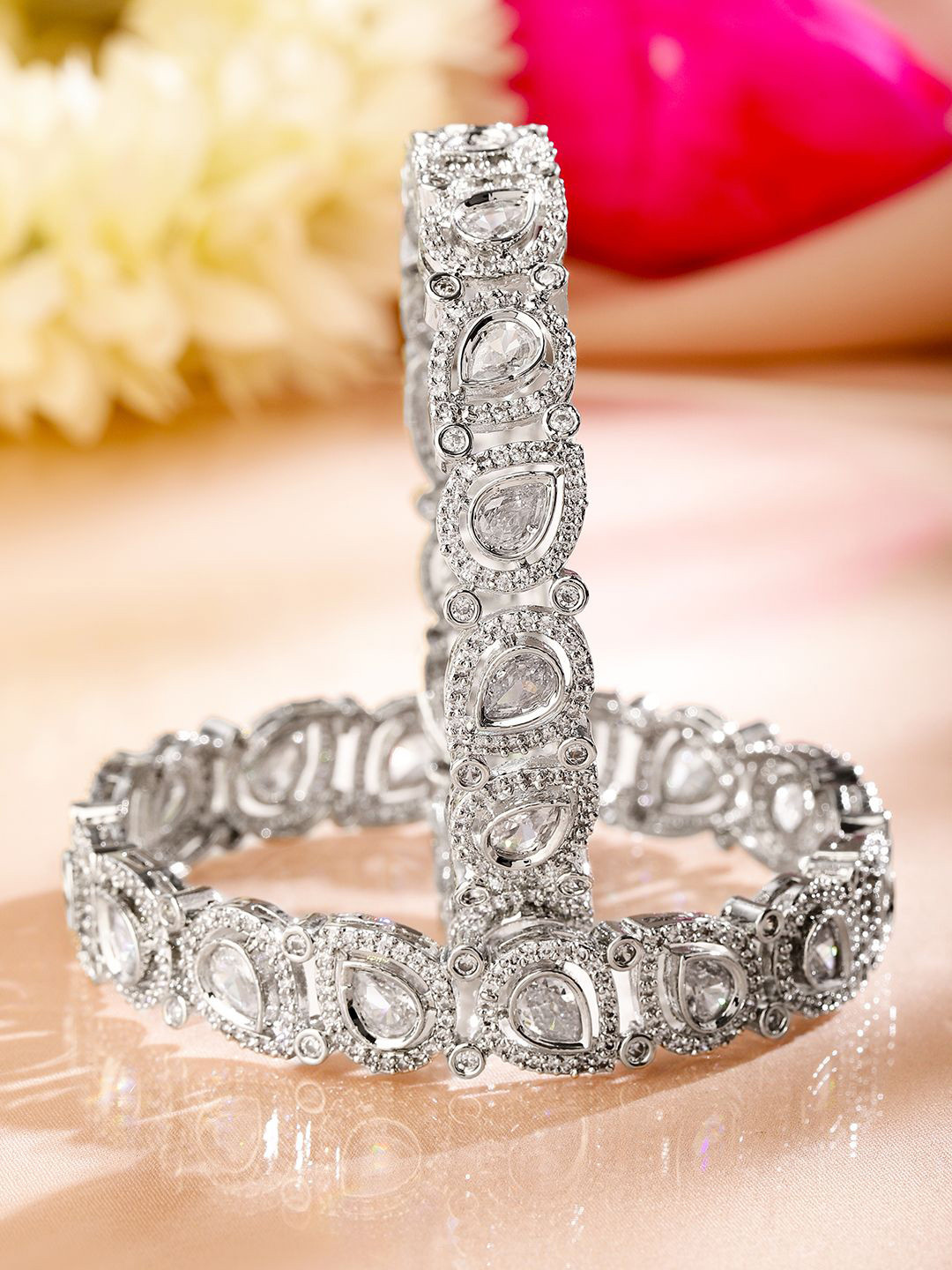 Rubans Set of 2 Rhodium-Plated Teardrop Cubic Zirconia Studded Premium Bangles, Silver
Rubans Set of 2 Rhodium-Plated Teardrop Cubic Zirconia Studded Premium Bangles, Silver