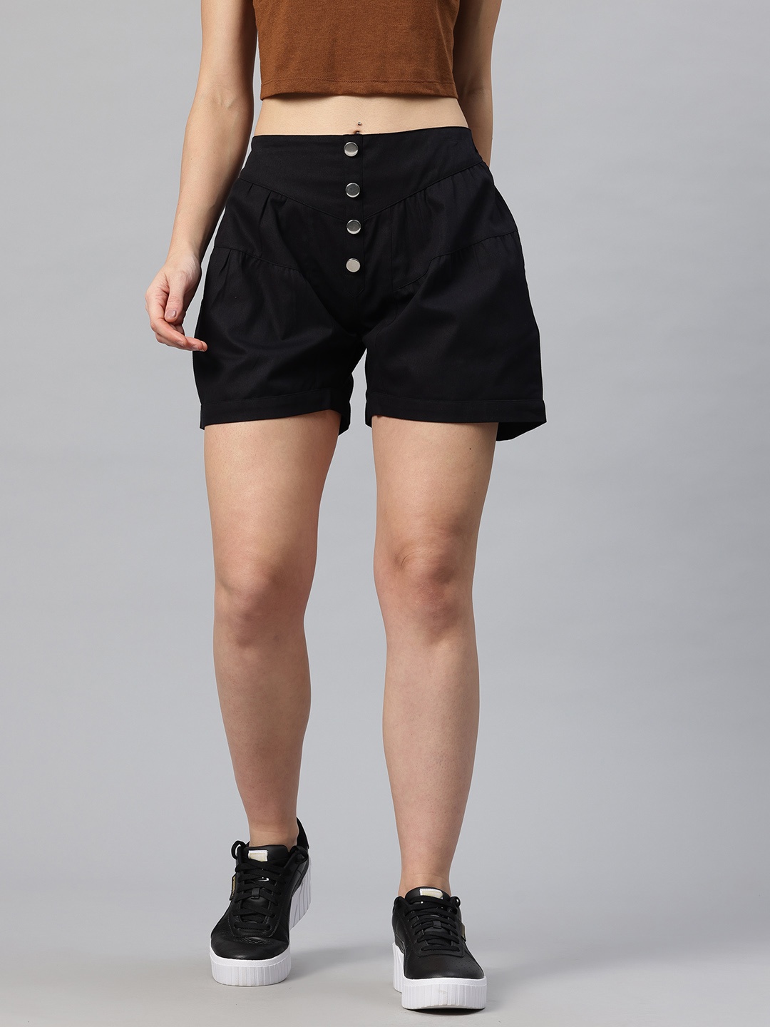Popnetic Women Solid High-Rise Pure Cotton Relaxed Fit Shorts with Gathered Detail, Black
Popnetic Women Solid High-Rise Pure Cotton Relaxed Fit Shorts with Gathered Detail, Black