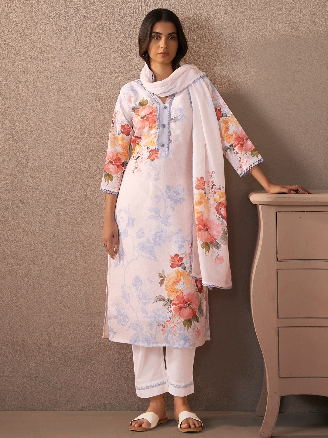 Indo Era Floral Printed Beads And Stones Linen Kurta Wiith Trousers And Dupatta, White
Indo Era Floral Printed Beads And Stones Linen Kurta Wiith Trousers And Dupatta, White