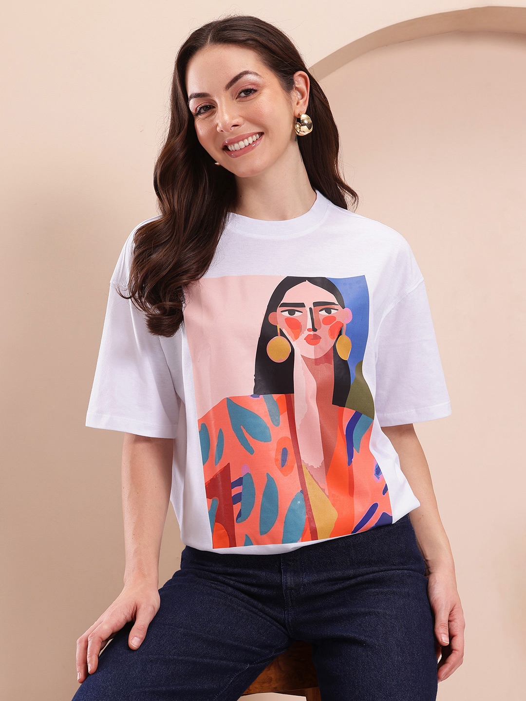 Mast & Harbour Women Printed Drop-Shoulder Sleeves Relaxed Fit Pure Cotton T-shirt, White
Mast & Harbour Women Printed Drop-Shoulder Sleeves Relaxed Fit Pure Cotton T-shirt, White