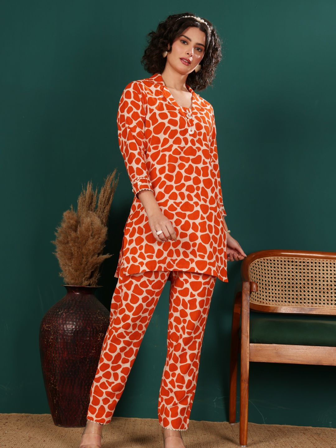Lative Colours of Fashion Printed V-Neck Pure Cotton Tunic With Trouser Co-Ords, Orange
Lative Colours of Fashion Printed V-Neck Pure Cotton Tunic With Trouser Co-Ords, Orange