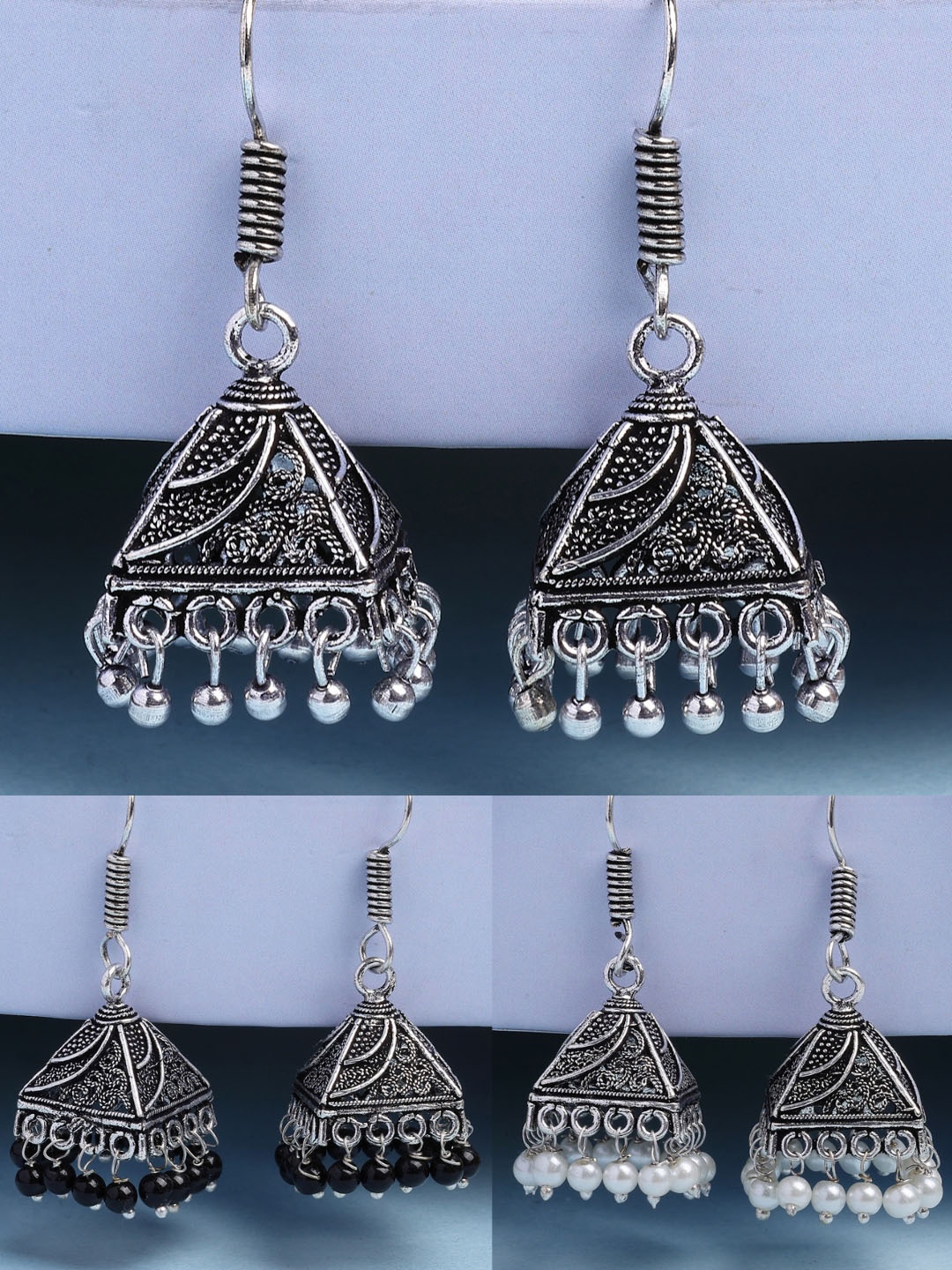 NVR Women Set of 3 German Silver Oxidised Silver Plated Artificial Beads Jhumka Earrings
NVR Women Set of 3 German Silver Oxidised Silver Plated Artificial Beads Jhumka Earrings