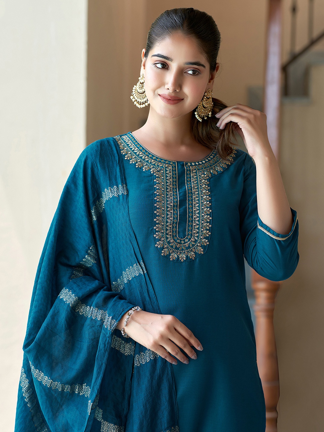 KALINI Women Ethnic Motifs Embroidered Regular Kurta with Trousers & With Dupatta, Blue
KALINI Women Ethnic Motifs Embroidered Regular Kurta with Trousers & With Dupatta, Blue
