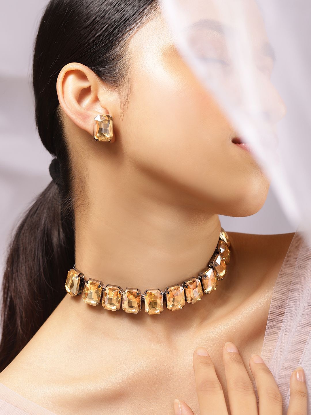 Rubans Rhodium-Plated Yellow Crystal Cubic Zirconia Studded Statement Choker Jewellery Set, Silver
Rubans Rhodium-Plated Yellow Crystal Cubic Zirconia Studded Statement Choker Jewellery Set, Silver