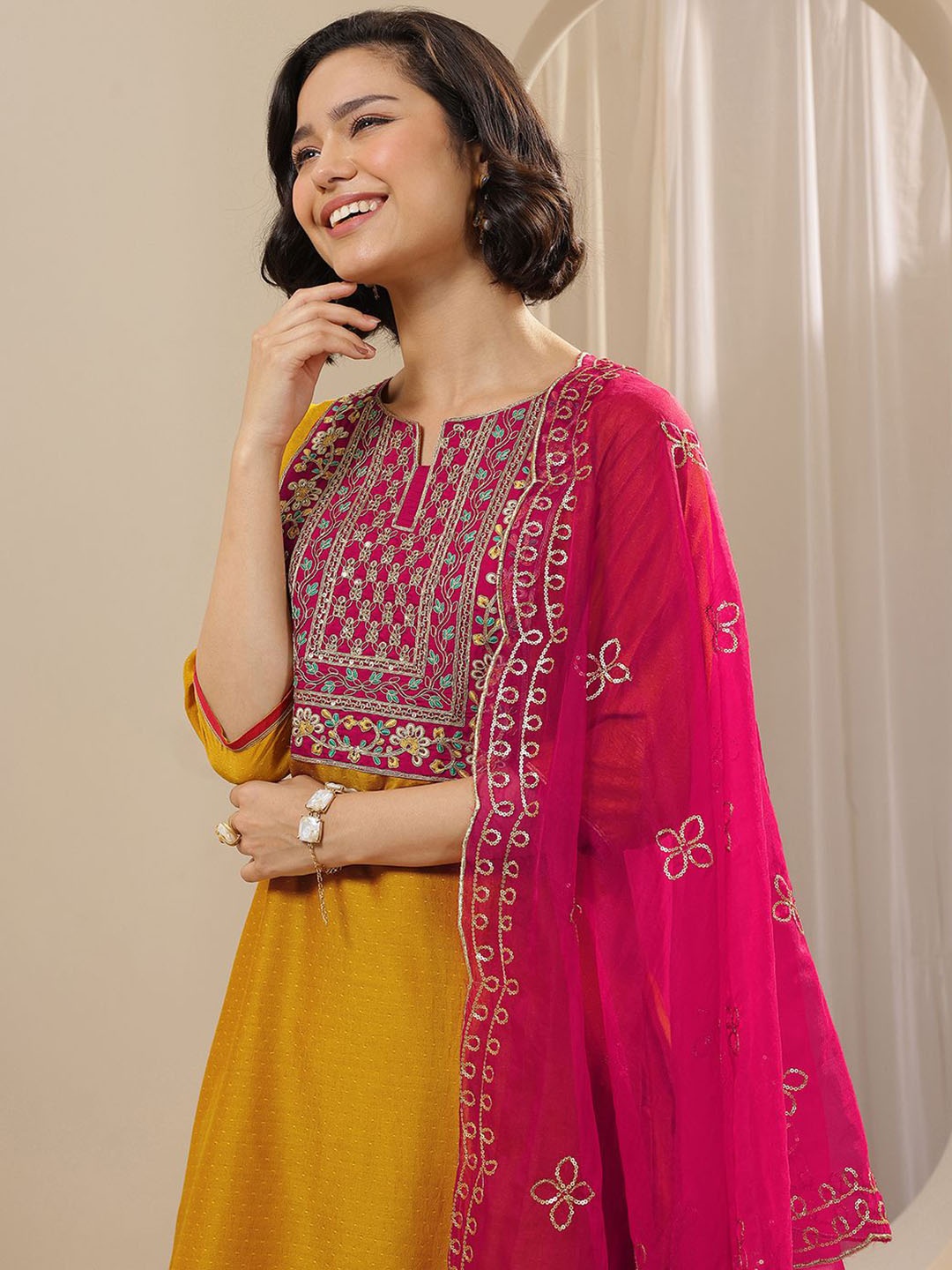 Libas Women Floral Yoke Design Regular Sequined Kurta with Trousers & Dupatta, Mustard
Libas Women Floral Yoke Design Regular Sequined Kurta with Trousers & Dupatta, Mustard