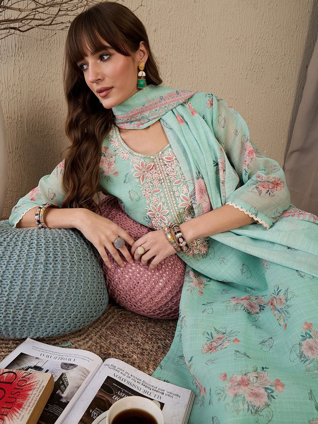 Indo Era Women Floral Embroidered Regular Sequinned Linen Kurta with Trousers & With Dupatta, Green
Indo Era Women Floral Embroidered Regular Sequinned Linen Kurta with Trousers & With Dupatta, Green