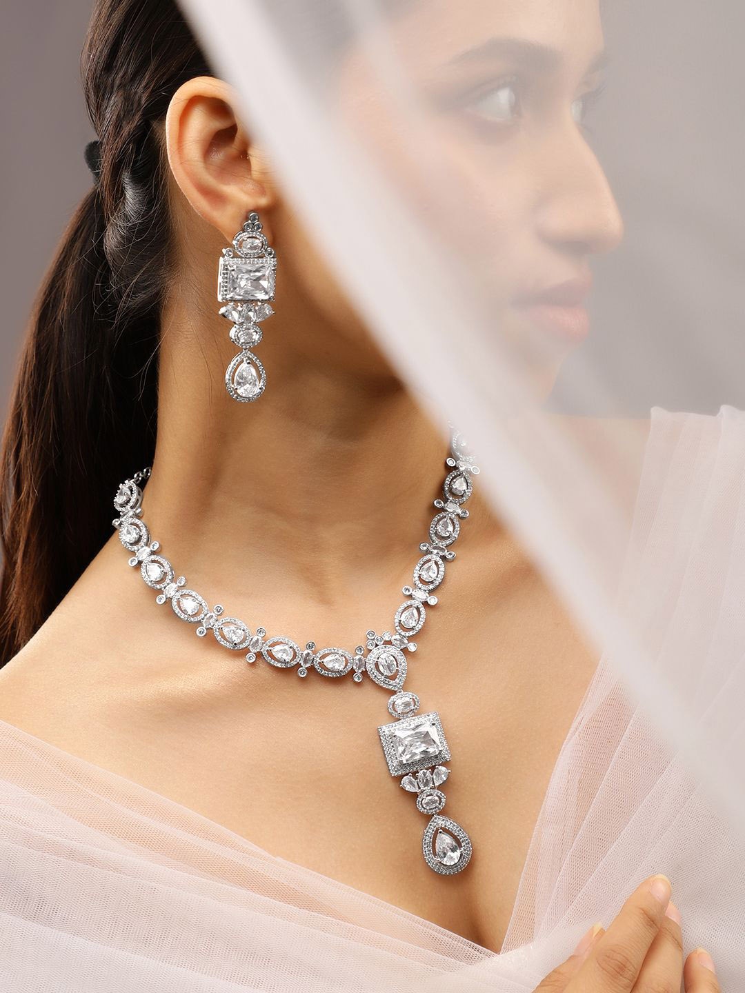 Rubans Rhodium-Plated White Cubic Zirconia Studded Statement Luxe Jewellery Set, Silver
Rubans Rhodium-Plated White Cubic Zirconia Studded Statement Luxe Jewellery Set, Silver