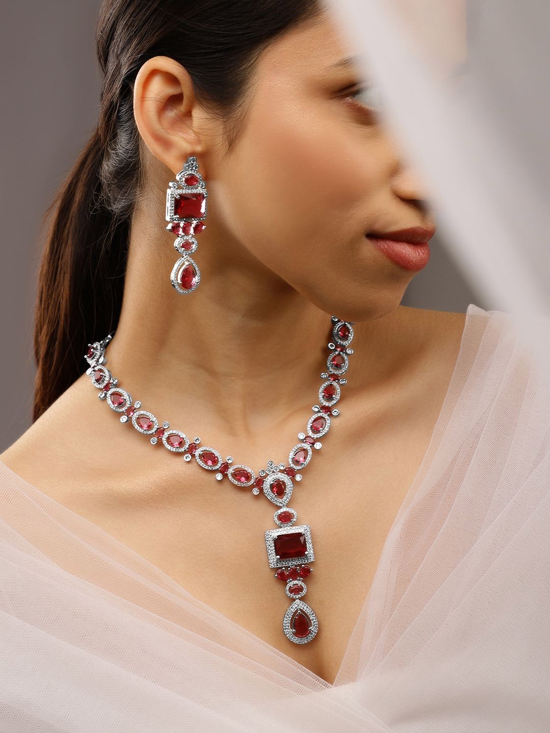 Rubans Rhodium-Plated Ruby Pink & White Cubic Zirconia Studded Luxe Jewellery Set, Silver
Rubans Rhodium-Plated Ruby Pink & White Cubic Zirconia Studded Luxe Jewellery Set, Silver