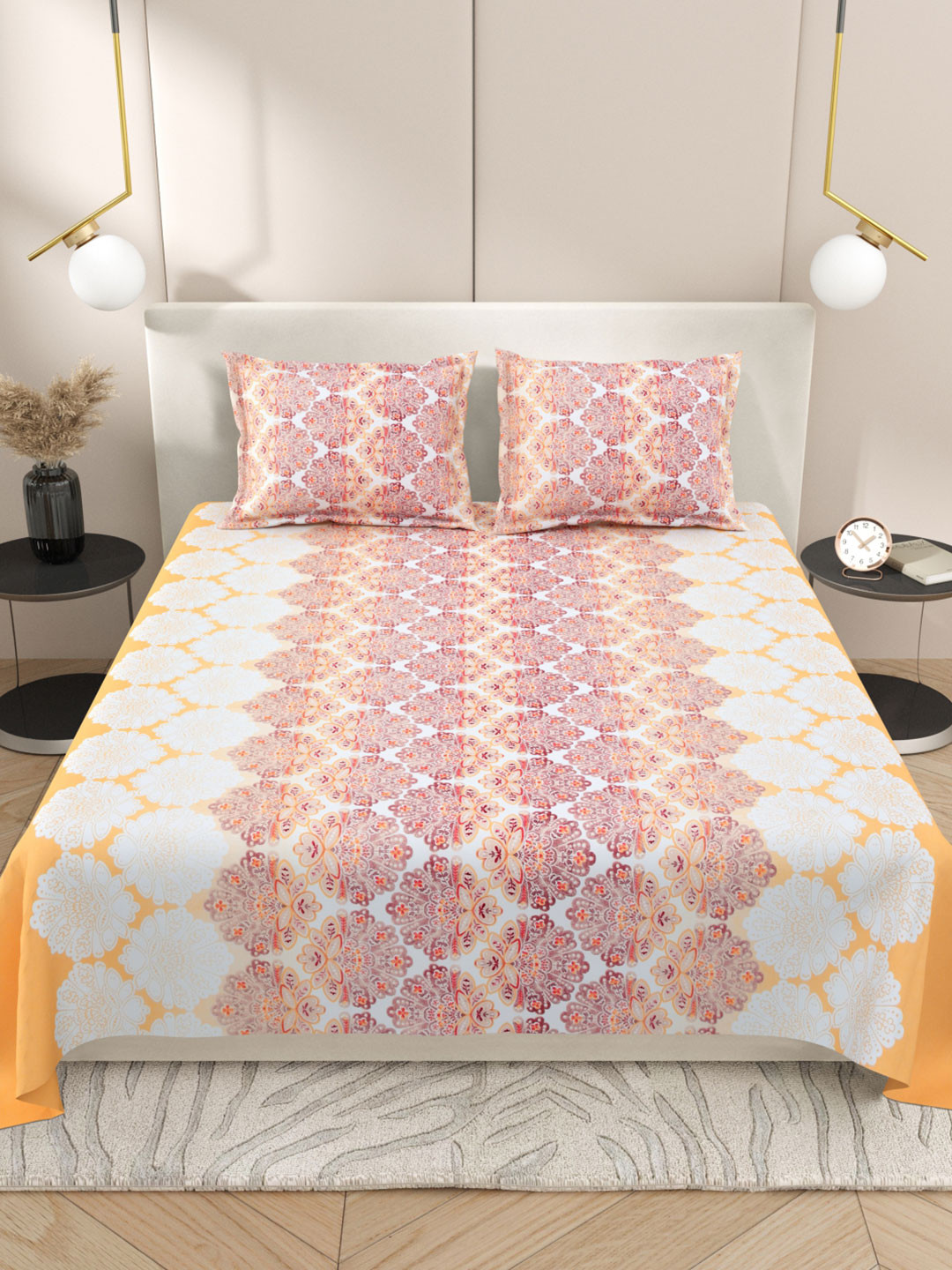 Myntra Elegant Homes White & Orange Ethnic Motifs 220 TC King Bedsheet with 2 Pillow Covers
Myntra Elegant Homes White & Orange Ethnic Motifs 220 TC King Bedsheet with 2 Pillow Covers