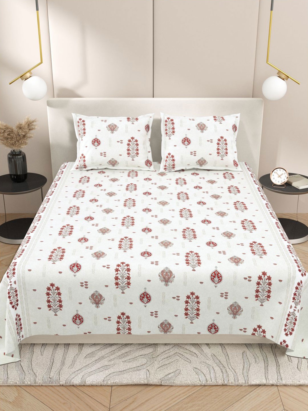 Myntra Elegant Homes White & Red Ethnic Motifs 220 TC King Bedsheet with 2 Pillow Covers
Myntra Elegant Homes White & Red Ethnic Motifs 220 TC King Bedsheet with 2 Pillow Covers