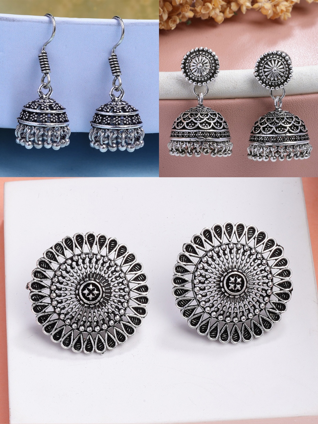 Anouk Women Set of 3 Silver Plated Round Shape Oxidised Traditional Jhumka & Stud Earrings
Anouk Women Set of 3 Silver Plated Round Shape Oxidised Traditional Jhumka & Stud Earrings