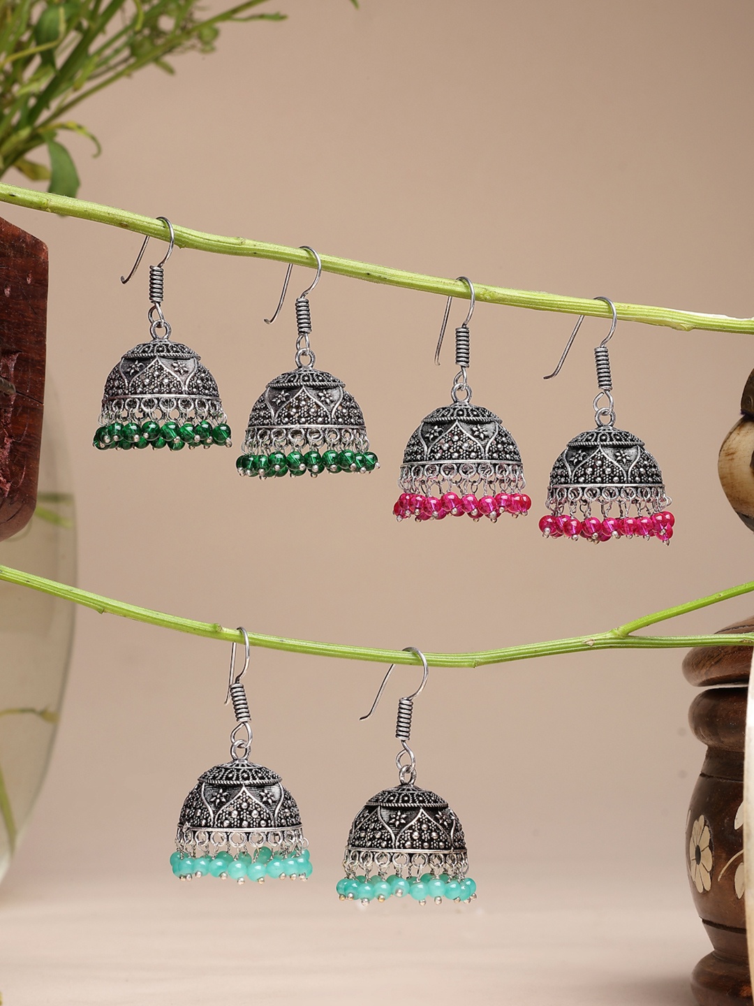 Anouk Women Pair of 3 Oxidised Silver Plated Multicolor Artificial Beads Jhumka Earrings, Multi
Anouk Women Pair of 3 Oxidised Silver Plated Multicolor Artificial Beads Jhumka Earrings, Multi