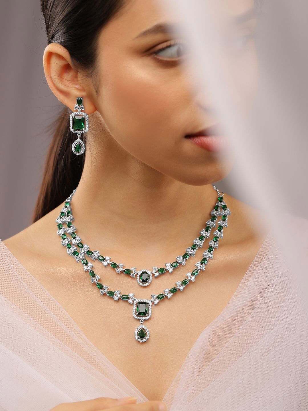 Rubans Rhodium-Plated Emerald Green & White Cubic Zirconia Studded Luxe Layer Necklace Set, Silver
Rubans Rhodium-Plated Emerald Green & White Cubic Zirconia Studded Luxe Layer Necklace Set, Silver