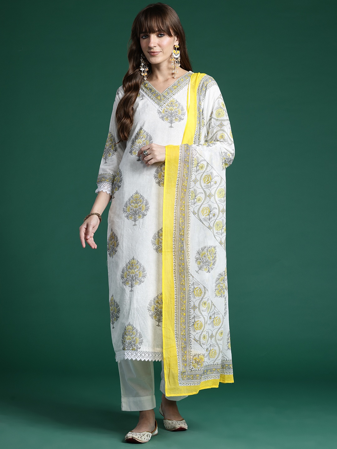 Indo Era Ethnic Motifs Printed Sequinned Pure Cotton Kurta With Trousers & Dupatta, White
Indo Era Ethnic Motifs Printed Sequinned Pure Cotton Kurta With Trousers & Dupatta, White
