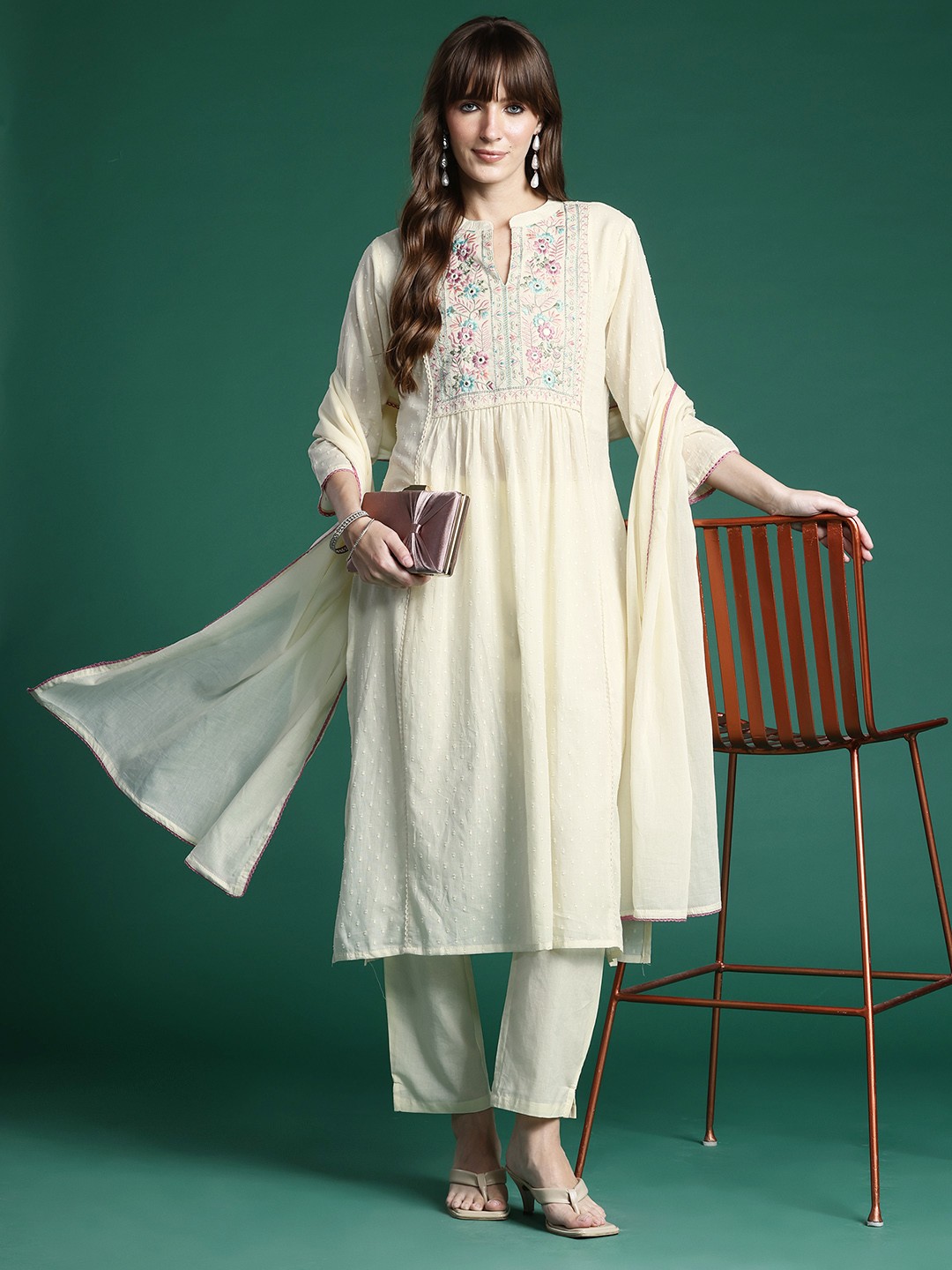 Indo Era Floral Embroidered Panelled Thread Work Pure Cotton Kurta With Trousers & Dupatta, Off white
Indo Era Floral Embroidered Panelled Thread Work Pure Cotton Kurta With Trousers & Dupatta, Off white