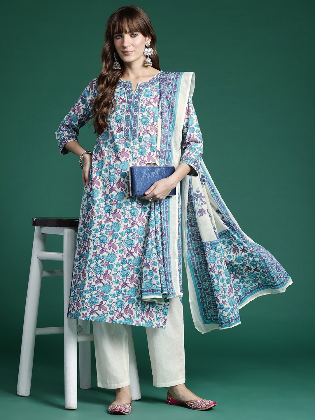 Indo Era Floral Printed Regular Pure Cotton Kurta with Trousers & Dupatta, Off white
Indo Era Floral Printed Regular Pure Cotton Kurta with Trousers & Dupatta, Off white