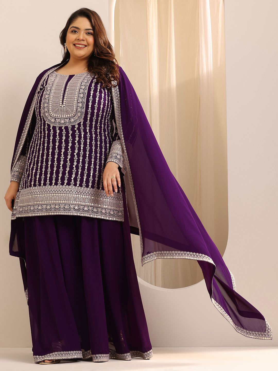EXTRA LOVE BY LIBAS Plus Size Floral Embroidered Sequinned Kurta with Palazzos & Dupatta, Purple
EXTRA LOVE BY LIBAS Plus Size Floral Embroidered Sequinned Kurta with Palazzos & Dupatta, Purple