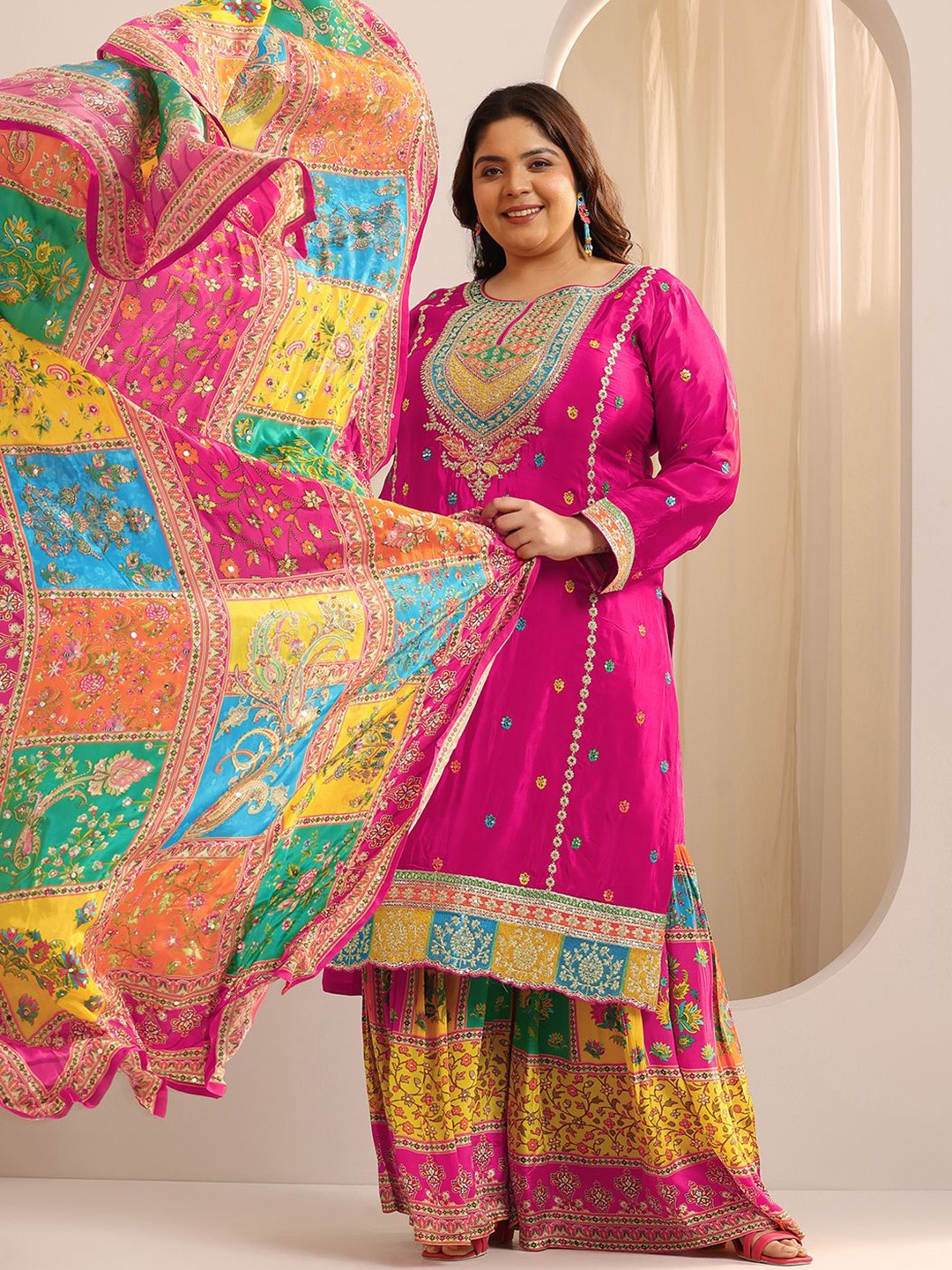 EXTRA LOVE BY LIBAS Plus Size Ethnic Motifs Embroidered Sequinned Kurta, Sharara & Dupatta, Pink
EXTRA LOVE BY LIBAS Plus Size Ethnic Motifs Embroidered Sequinned Kurta, Sharara & Dupatta, Pink