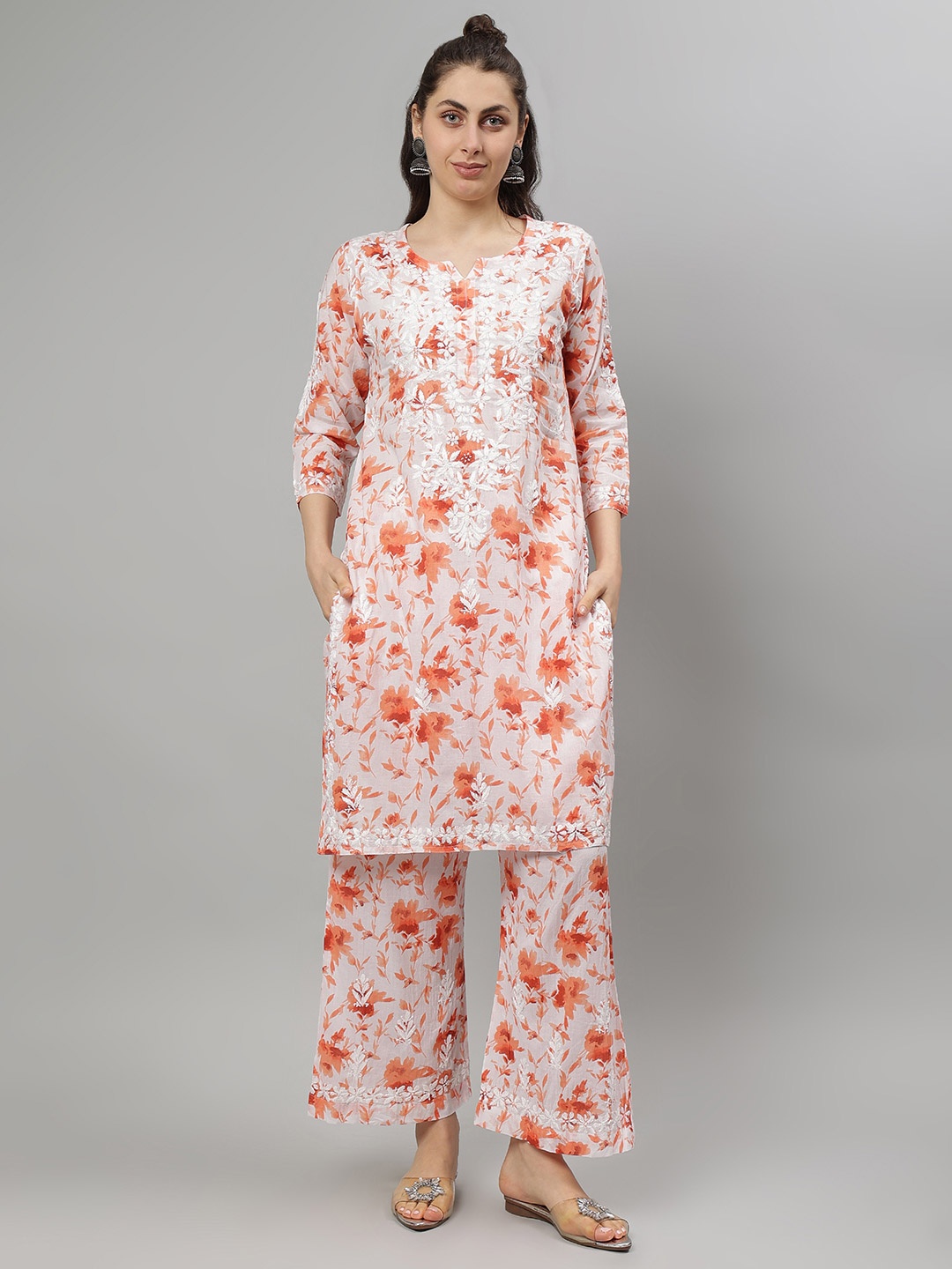 Seva Chikan Floral Printed Embroidered Lucknowi Chikankari Straight Kurta With Palazzos, White
Seva Chikan Floral Printed Embroidered Lucknowi Chikankari Straight Kurta With Palazzos, White