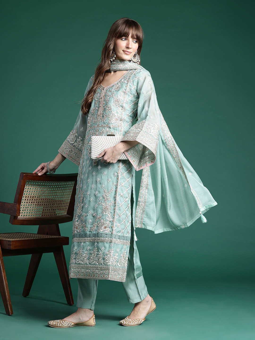 Indo Era Ethnic Motifs Embroidered Regular Mirror Work Kurta with Trousers & Dupatta, Green
Indo Era Ethnic Motifs Embroidered Regular Mirror Work Kurta with Trousers & Dupatta, Green